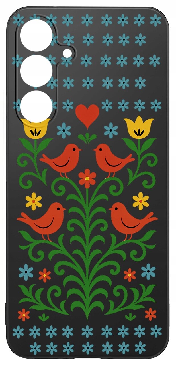 Etui na telefon z czarnym tłem ozdobione kolorowym wzorem ludowym z czerwonymi ptakami, zielonymi liśćmi i kwiatami w kolorach żółtym, niebieskim i czerwonym.