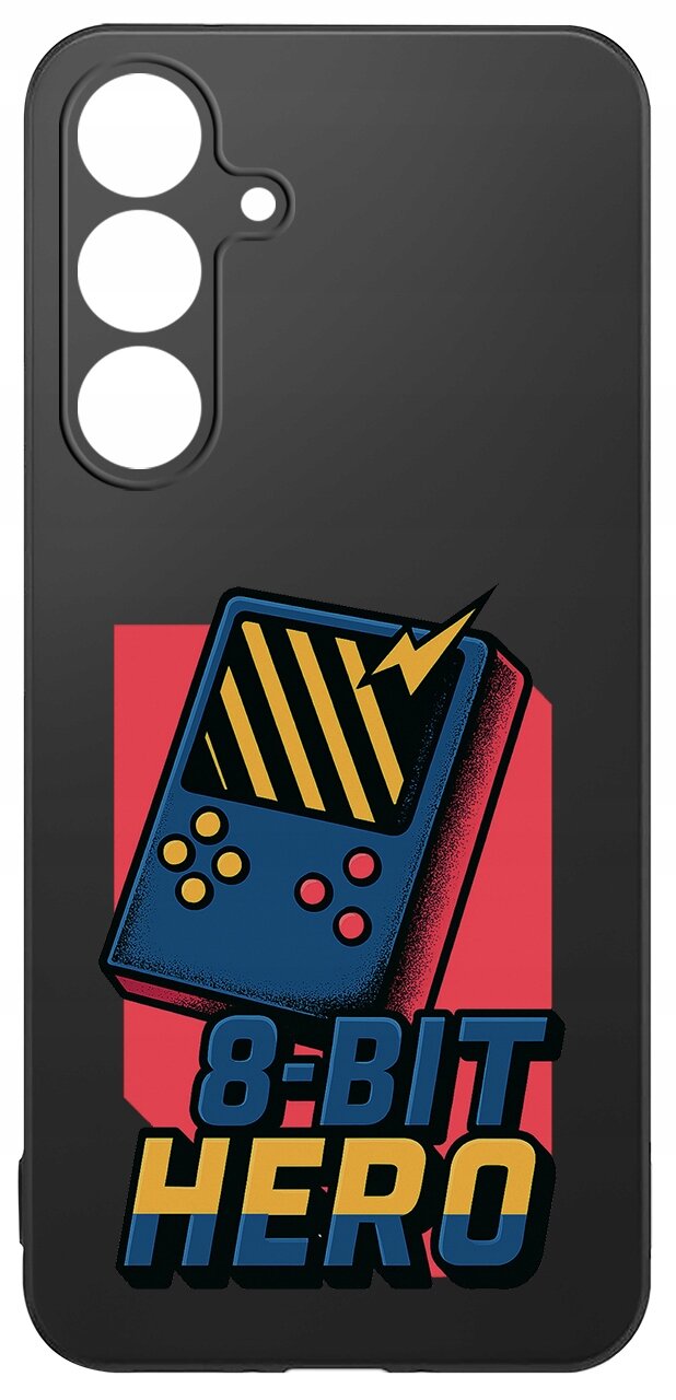 Czarne etui z grafiką przedstawiającą retro konsolę do gier z żółto-czarnymi paskami i napisem \'8-BIT HERO\'.