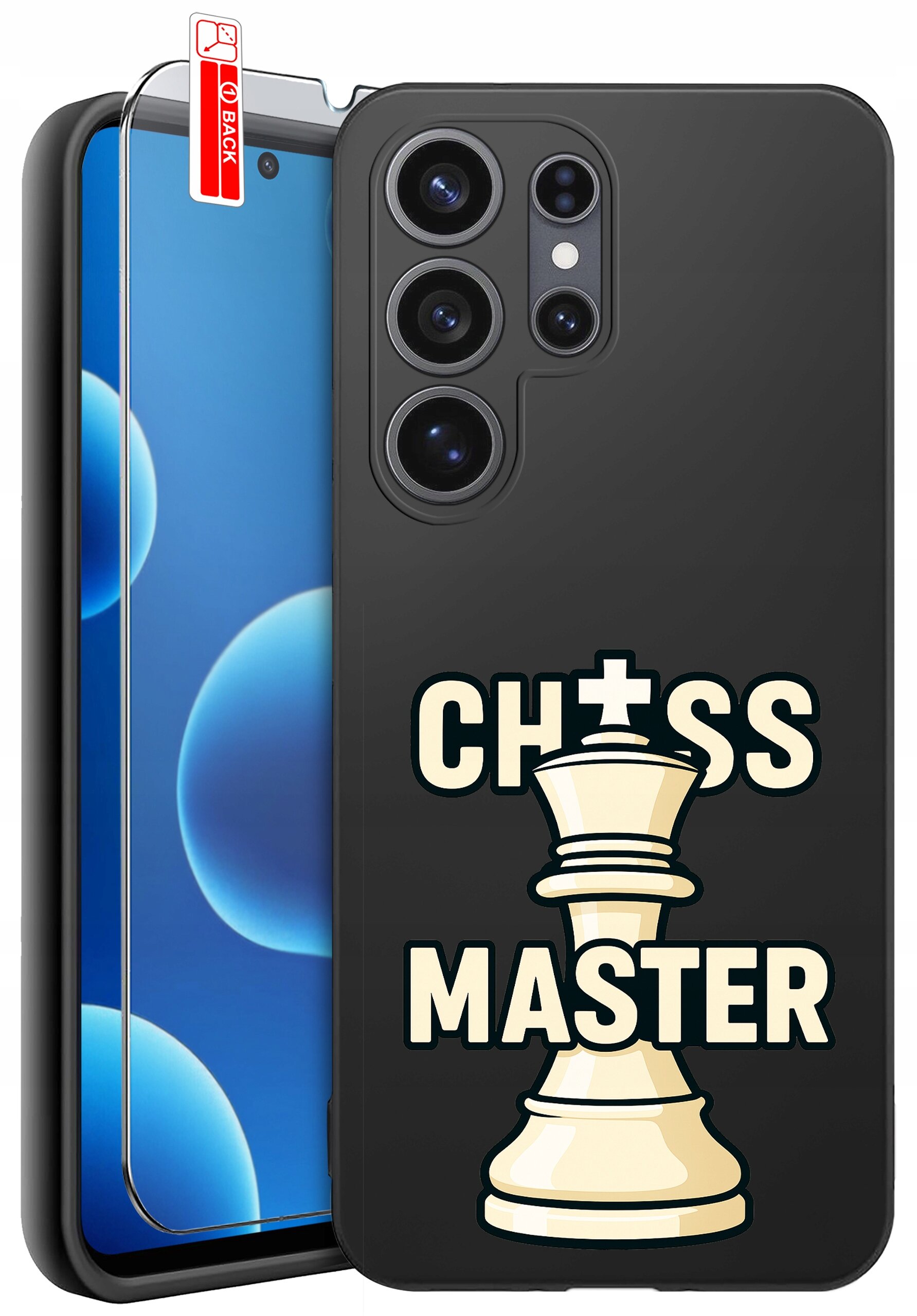 Czarne etui na telefon z nadrukiem figury szachowej i napisem \'CHESS MASTER\'. Obok znajduje się szkło ochronne z oznaczeniem \'BACK\'.