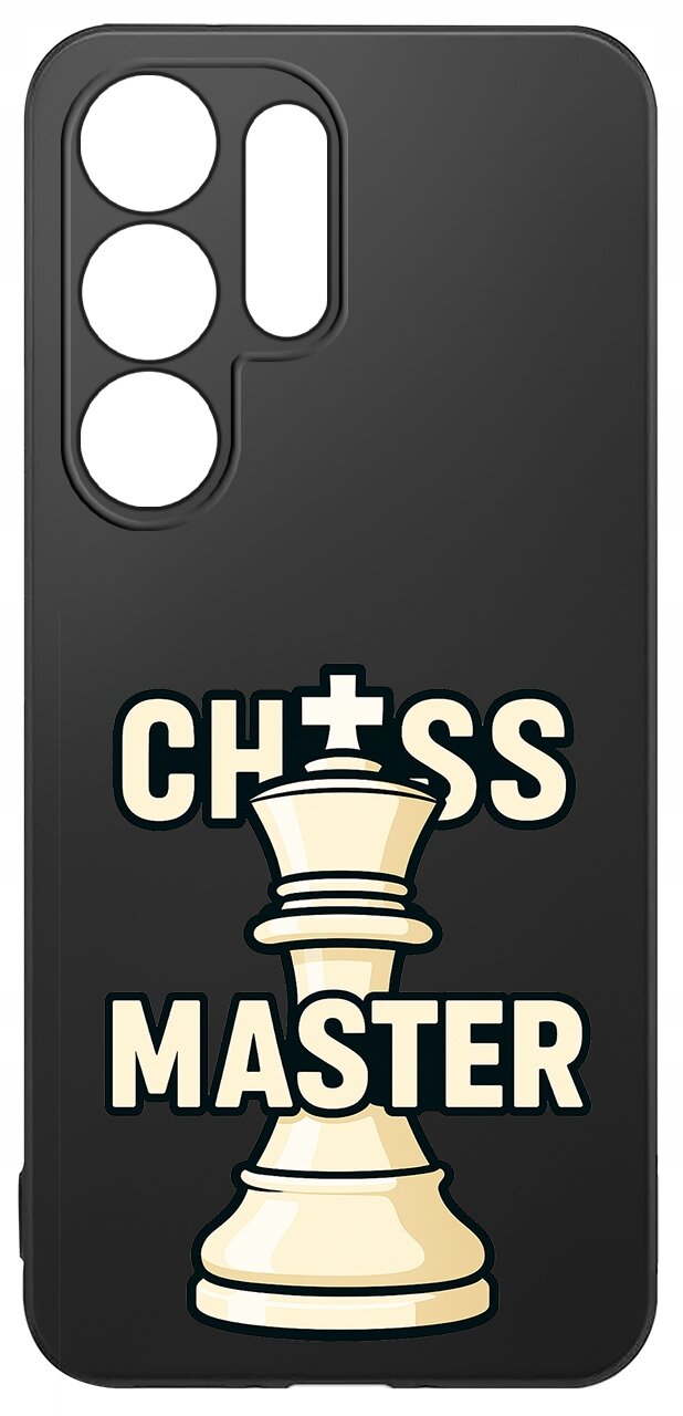 Czarne etui na telefon z trzema wycięciami na aparat i grafiką przedstawiającą szachową wieżę oraz napis \'CHESS MASTER\'.