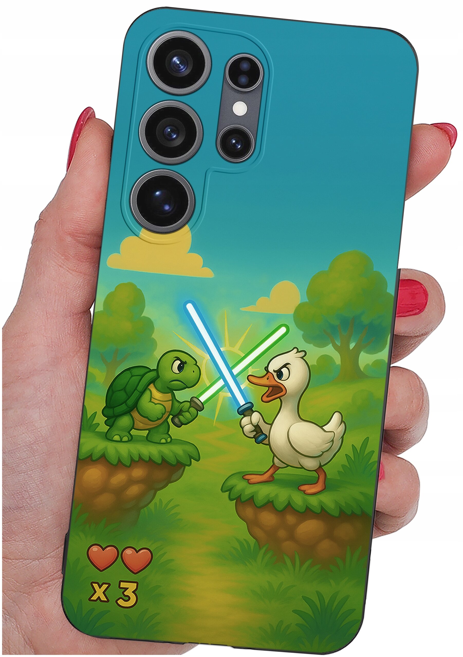 Etui na telefon z grafiką przedstawiającą żółwia i kaczkę trzymających miecze świetlne na tle zielonego krajobrazu. W dolnym rogu widoczne są trzy czerwone serca z napisem \'x 3\'.