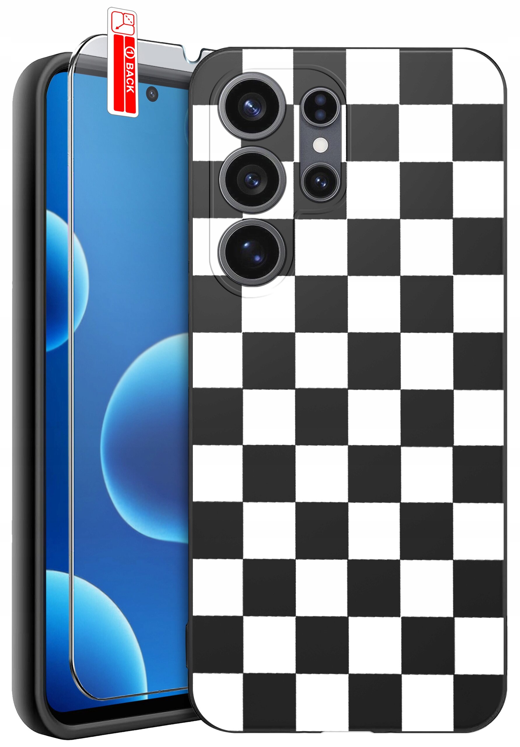 Obraz przedstawia telefon z nałożonym etui o wzorze czarno-białej szachownicy. Na ekranie telefonu widoczne są niebieskie okręgi, a na etui znajduje się napis \'BACK\'.