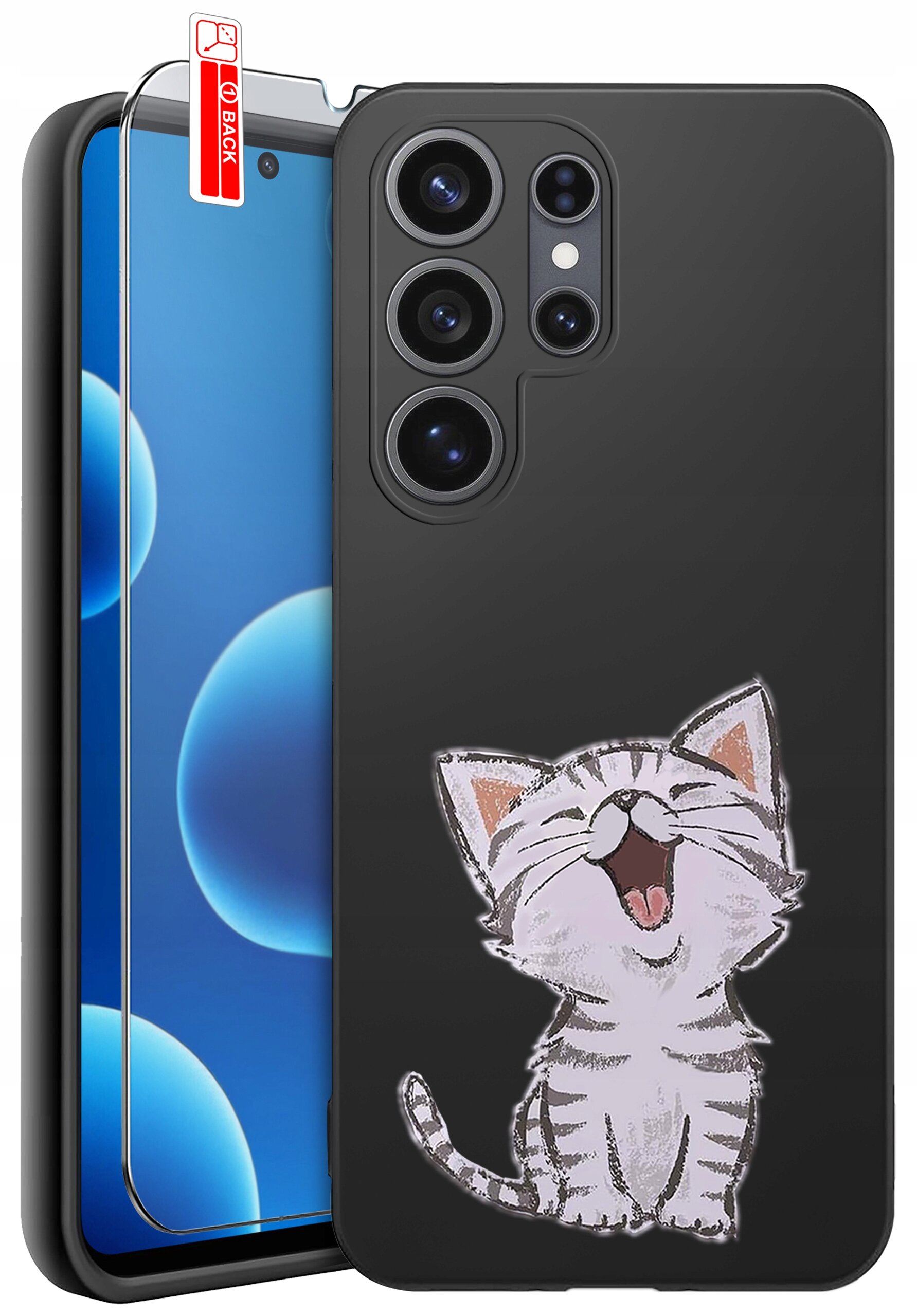 Czarne etui na telefon z rysunkiem uśmiechniętego kota. Obok znajduje się szkło ochronne z napisem \'BACK\'.