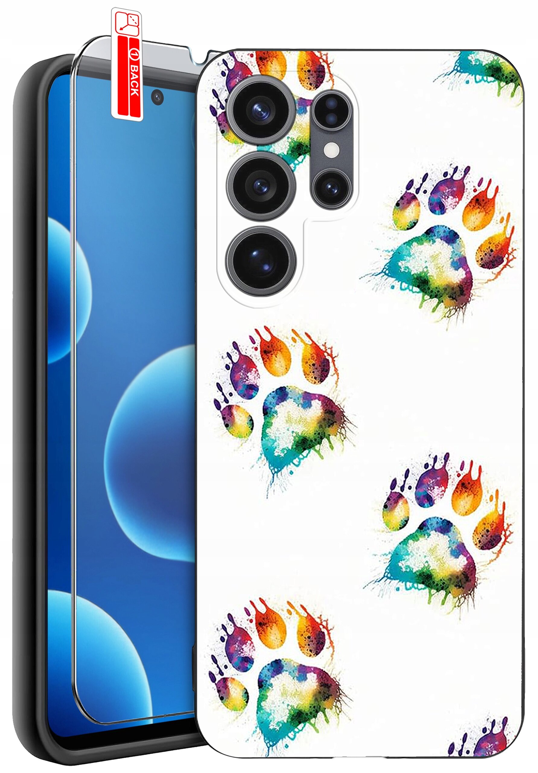 Etui na telefon z kolorowymi wzorami łapek, obok widoczny ekran telefonu z niebieskim tłem. Na etui znajduje się napis \'BACK\'.