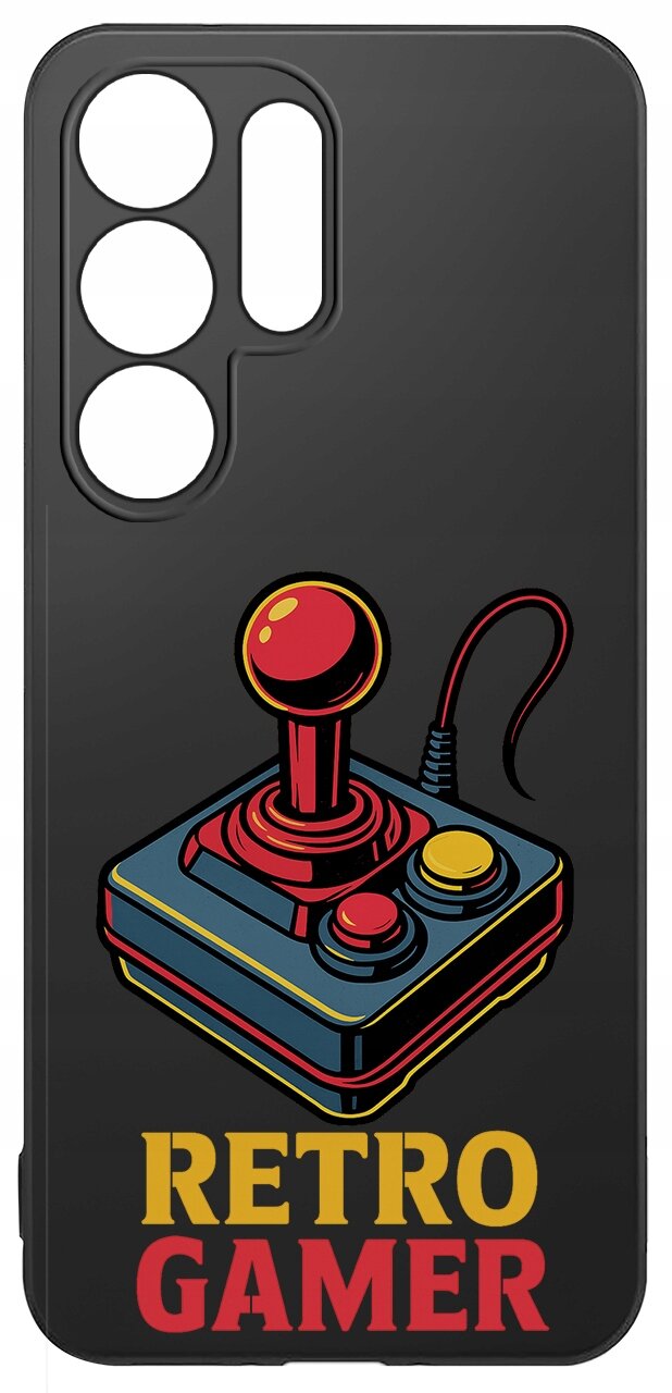 Czarne etui z grafiką joysticka w stylu retro oraz napisem \'RETRO GAMER\' w kolorach żółtym i czerwonym.