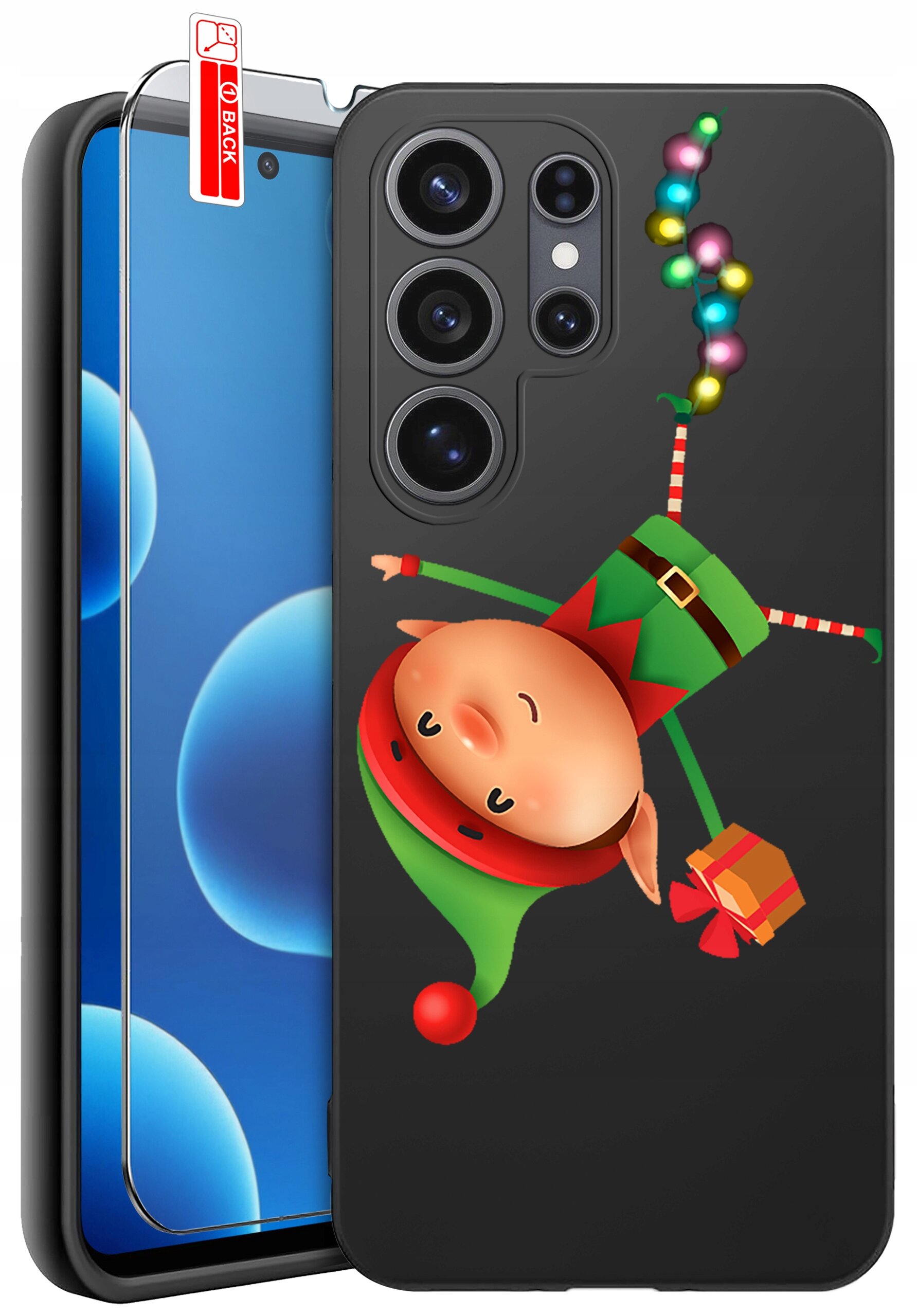 Etui na telefon z motywem świątecznego elfa trzymającego prezent, z kolorowymi światełkami. Obok widoczne jest szkło ochronne z napisem \'BACK\'.