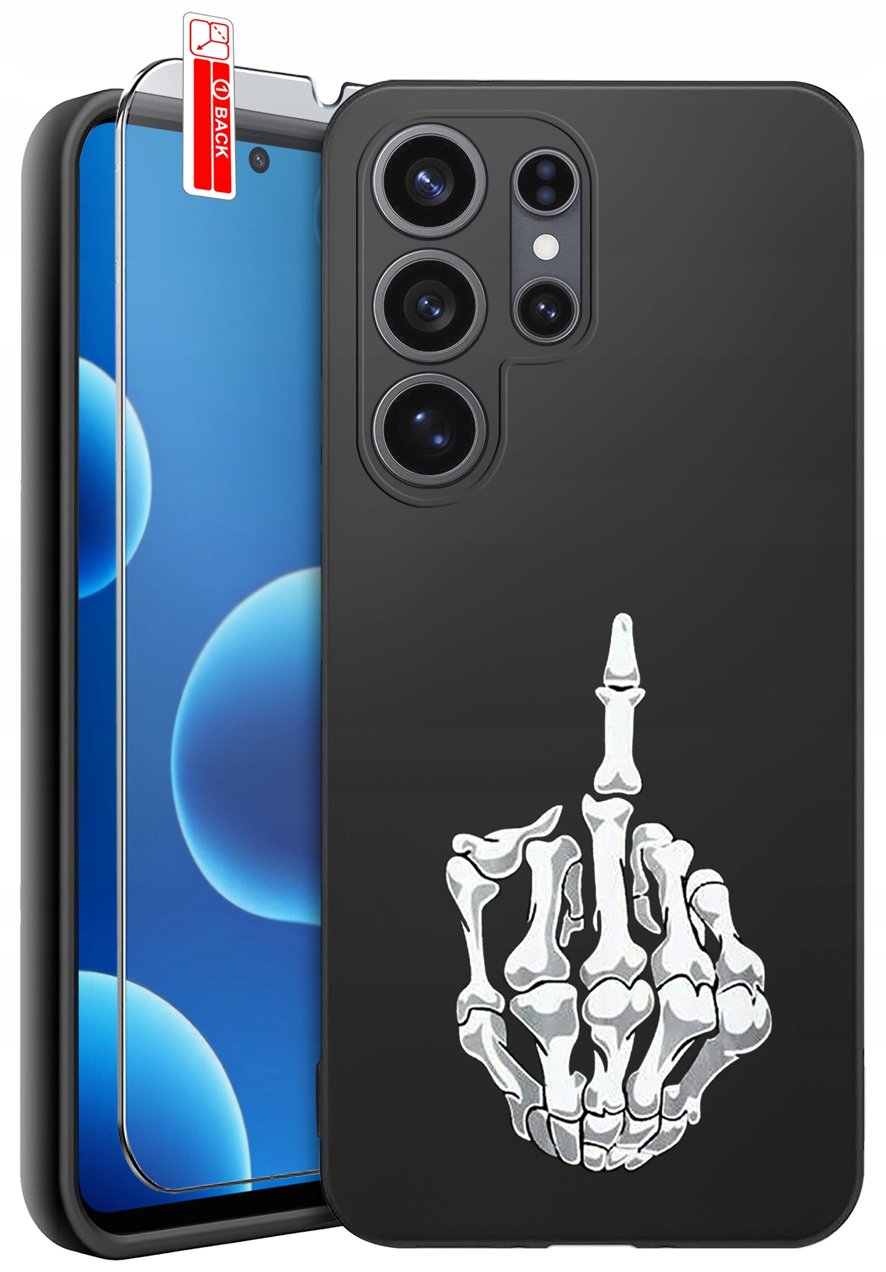 Czarne etui na telefon z nadrukiem białej, szkieletowej dłoni pokazującej środkowy palec. Obok znajduje się szkło ochronne z czerwoną naklejką \'BACK\'.