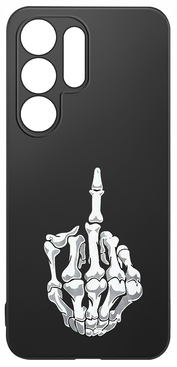 Czarne etui na telefon z nadrukiem białej, szkieletowej dłoni pokazującej środkowy palec. Etui ma wycięcia na aparat i przyciski.