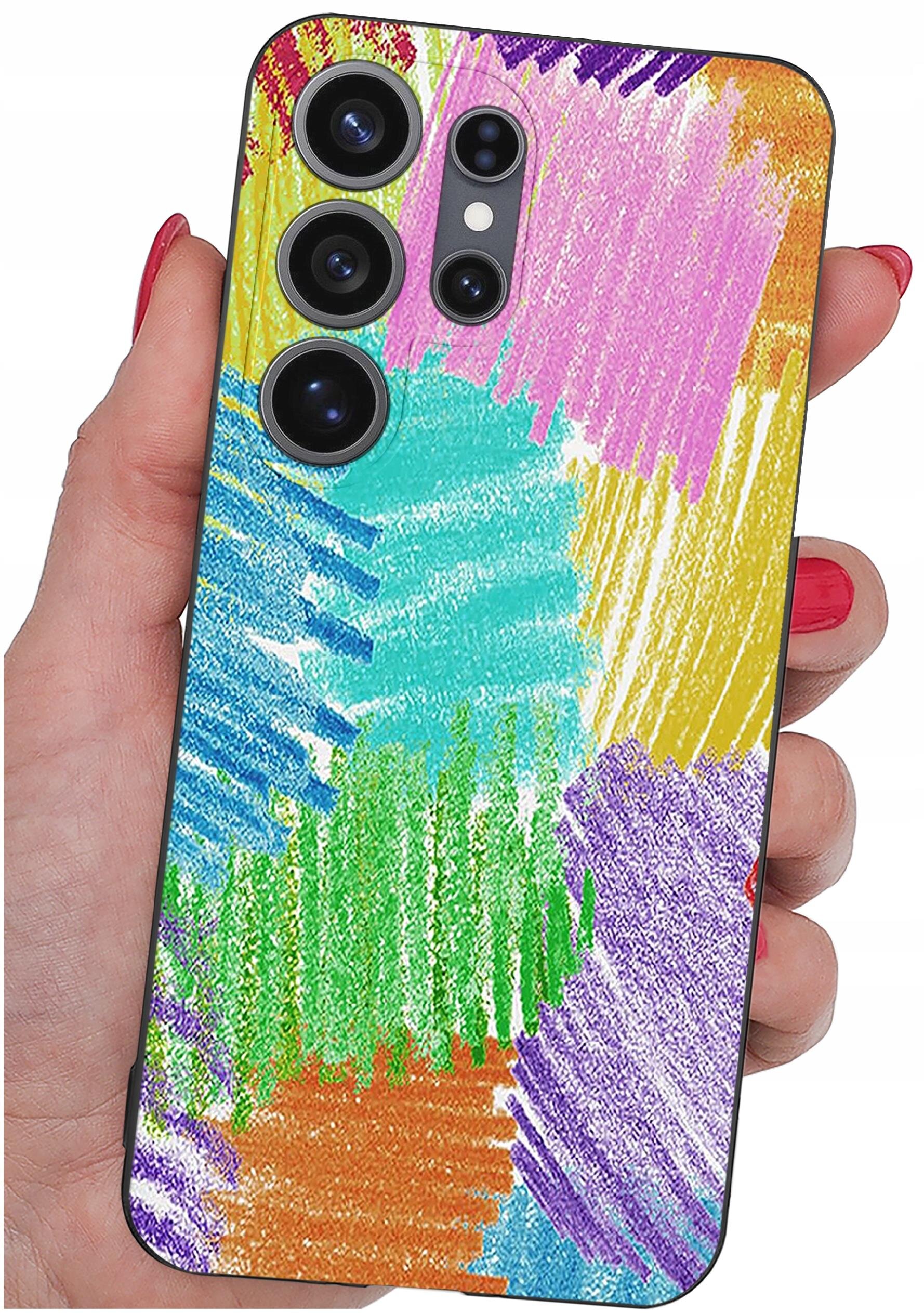 Etui na telefon z kolorowym, abstrakcyjnym wzorem w odcieniach różu, niebieskiego, zielonego, pomarańczowego i fioletowego. Widoczne są cztery otwory na aparaty fotograficzne.