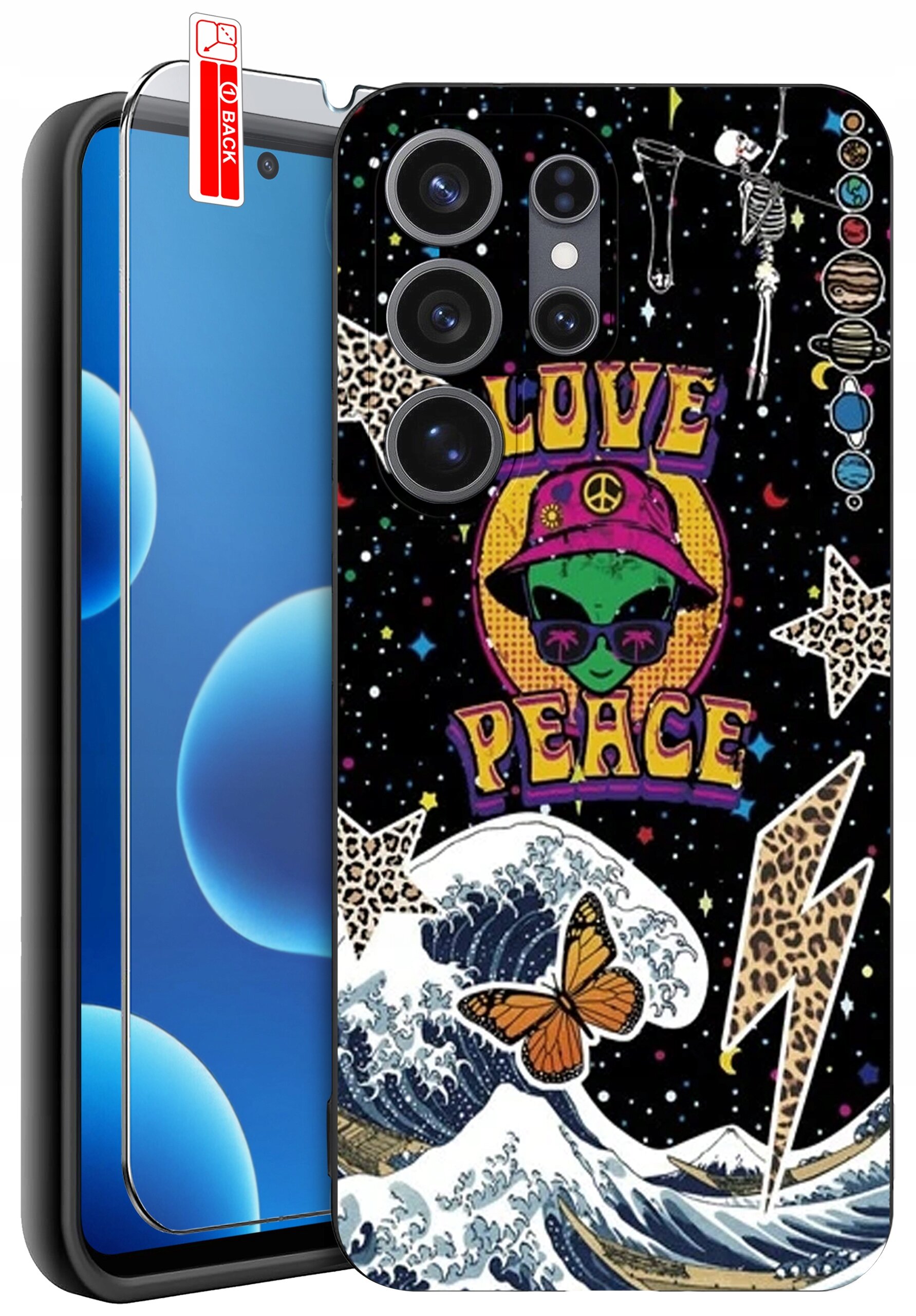Etui na telefon z kolorowym wzorem przedstawiającym kosmitę w kapeluszu z symbolem pokoju, napis \'LOVE PEACE\', fale, motyla i gwiazdy. Obok etui znajduje się szkło ochronne z napisem \'BACK\'.