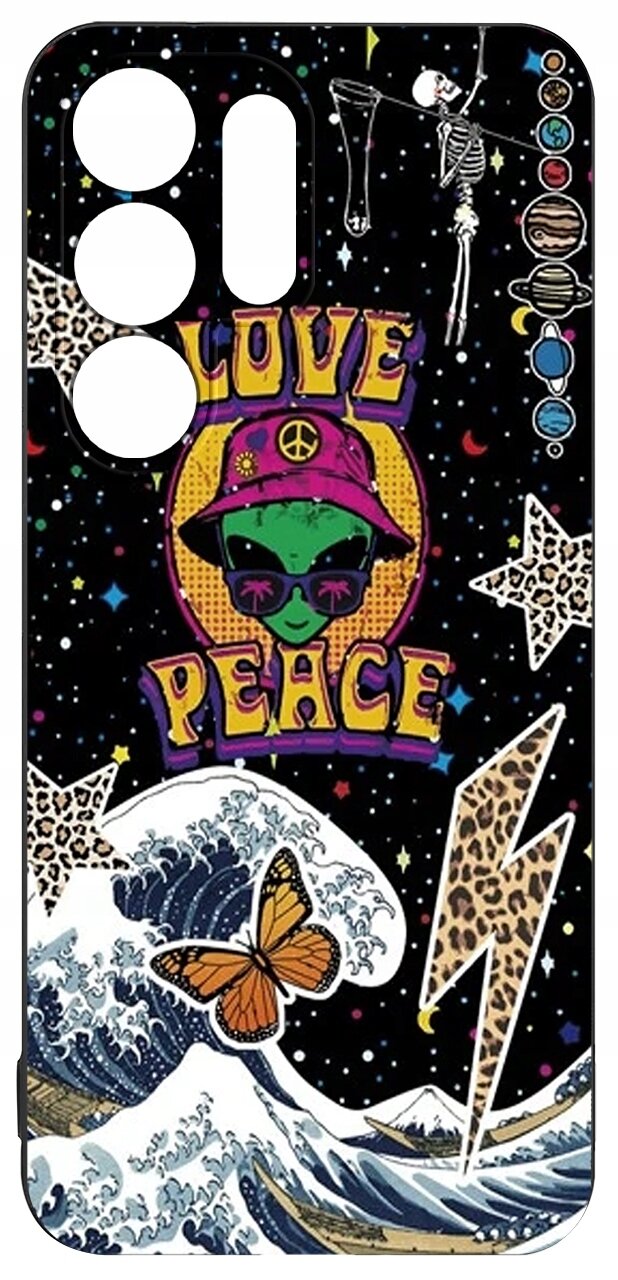 Etui z kolorowym wzorem przedstawiającym zielonego kosmitę w kapeluszu i okularach przeciwsłonecznych, z napisem \'LOVE PEACE\'. W tle widoczne są gwiazdy, planety, fale, motyl oraz błyskawica z motywem panterki.
