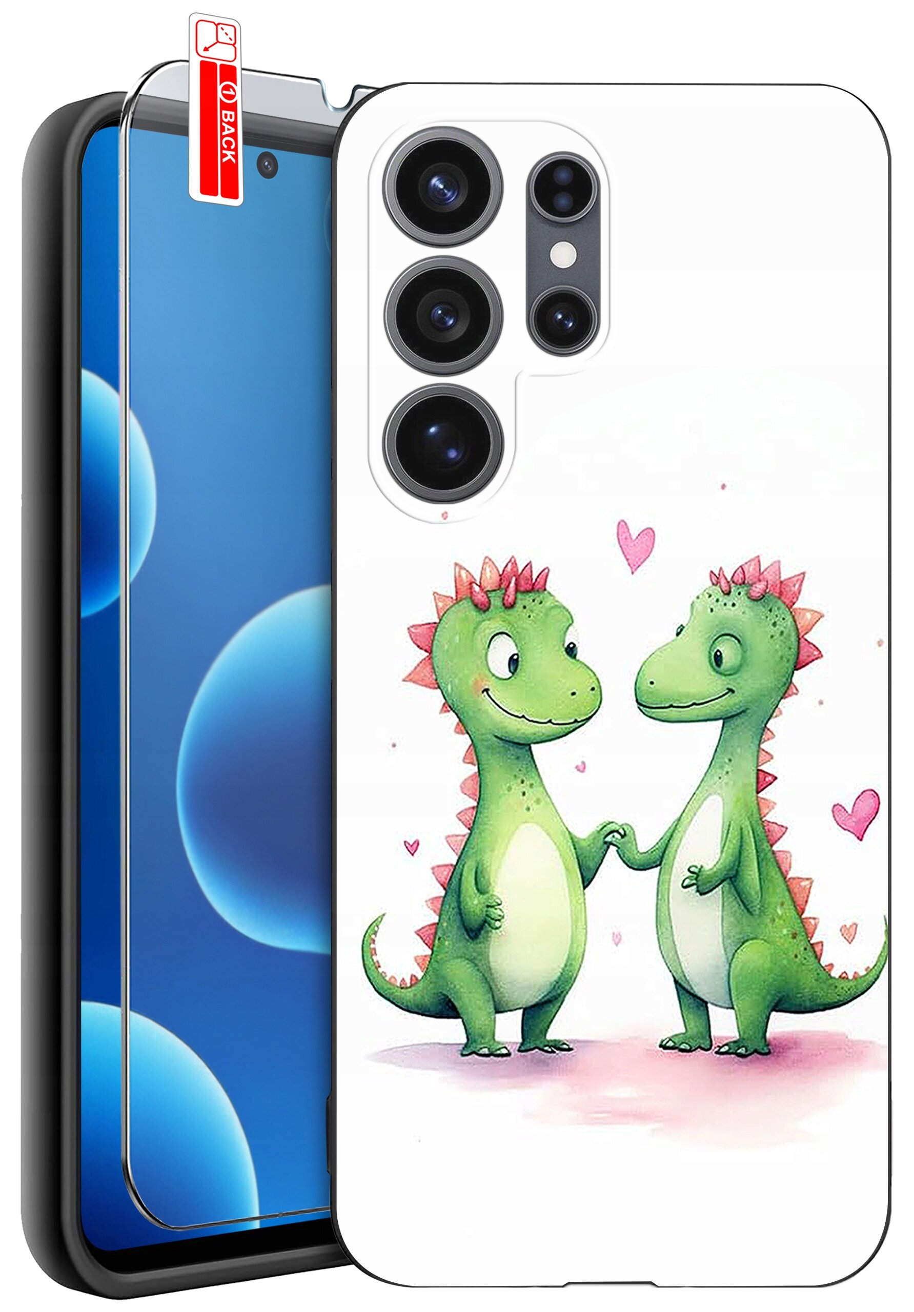 Etui na telefon z grafiką dwóch zielonych dinozaurów trzymających się za ręce, otoczonych różowymi serduszkami. Obok widoczna jest szybka ochronna z napisem \'BACK\'.