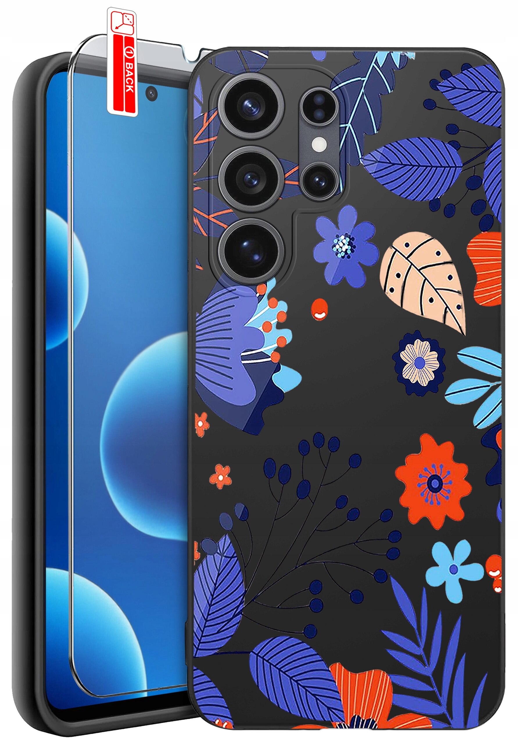 Obraz przedstawia etui na telefon z kolorowym wzorem kwiatowym w odcieniach niebieskiego, fioletowego i pomarańczowego. Obok etui znajduje się szkło ochronne z oznaczeniem \'BACK\'.