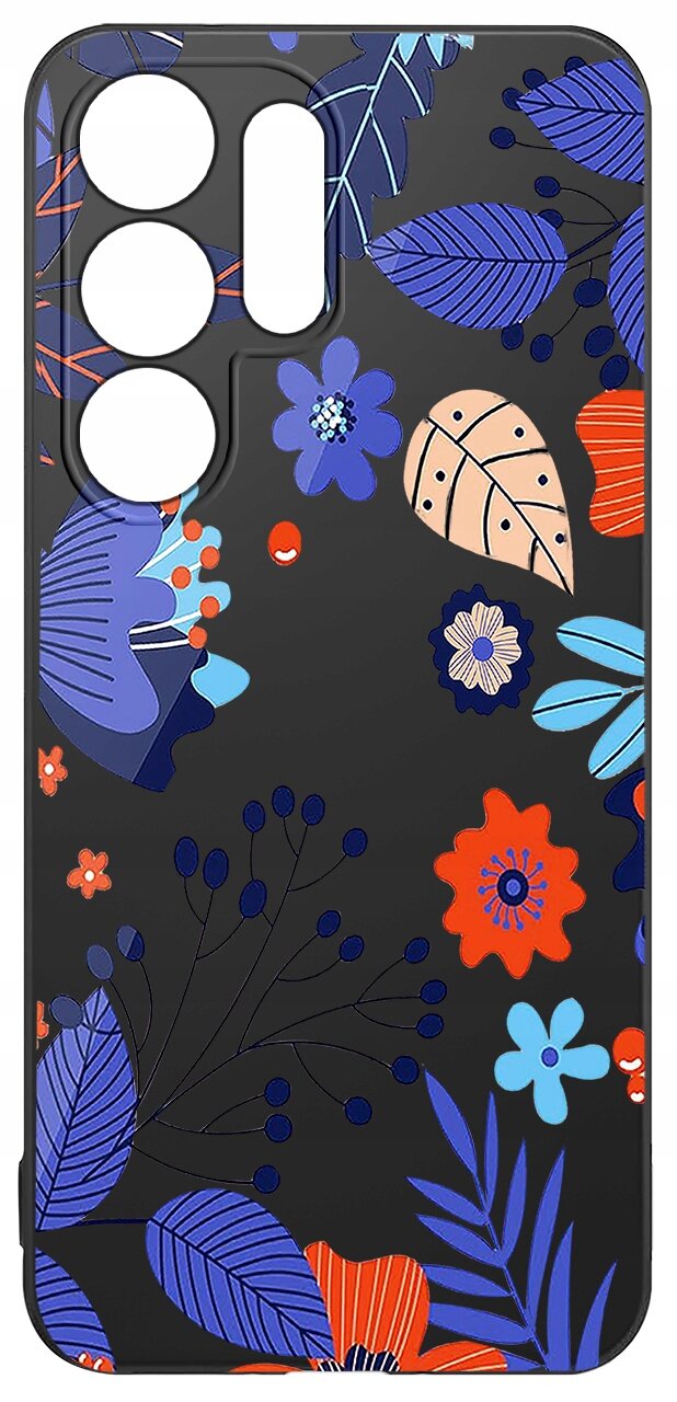Etui na telefon z kolorowym, kwiatowym wzorem na ciemnym tle, z wycięciami na aparat.