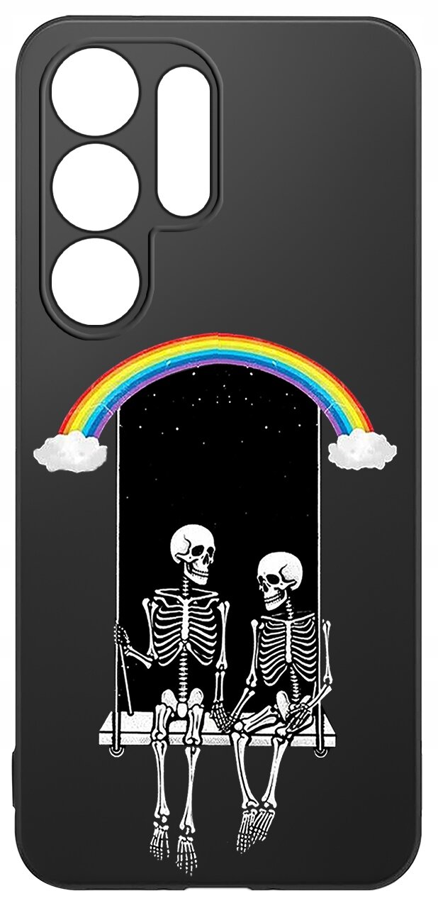 Czarne etui na telefon z grafiką przedstawiającą dwa szkielety siedzące na ławce pod tęczą na tle gwiaździstego nieba. Etui ma wycięcia na cztery obiektywy aparatu.