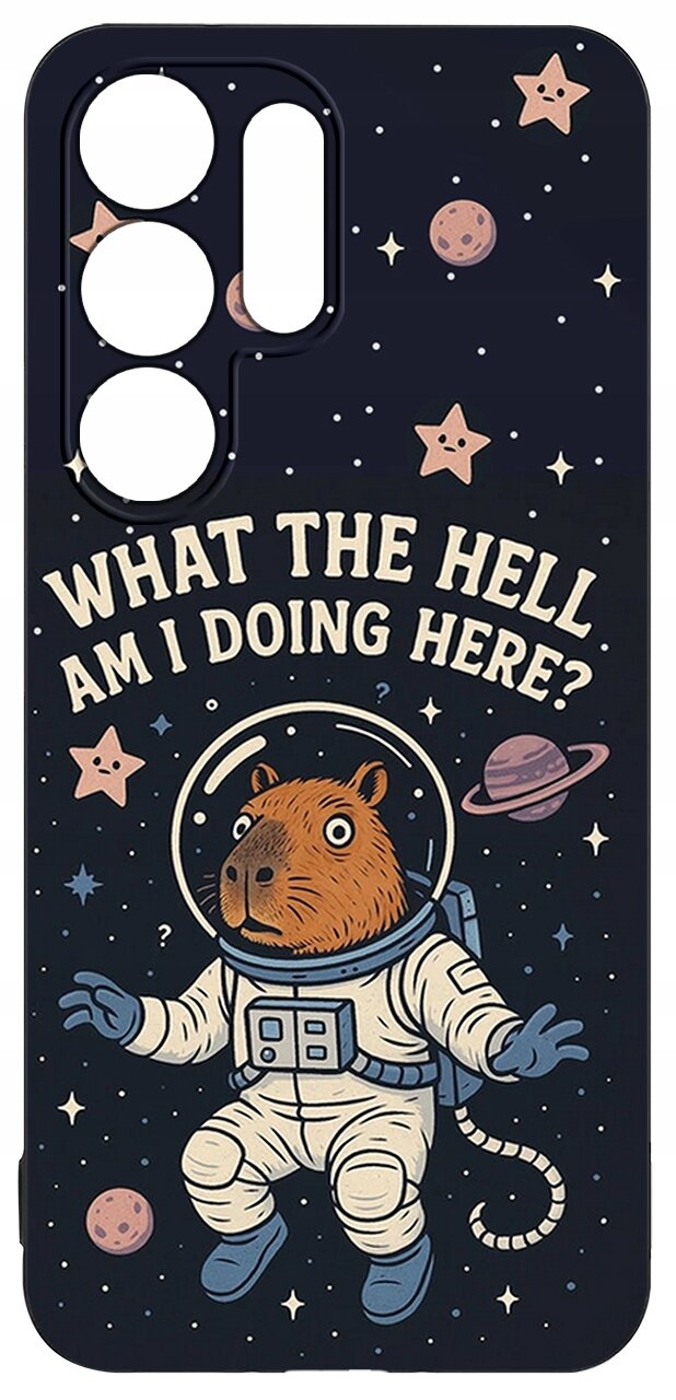 Etui z nadrukiem kosmonauty-kapibary w przestrzeni kosmicznej, otoczonej gwiazdami i planetami, z napisem \'WHAT THE HELL AM I DOING HERE?\'.