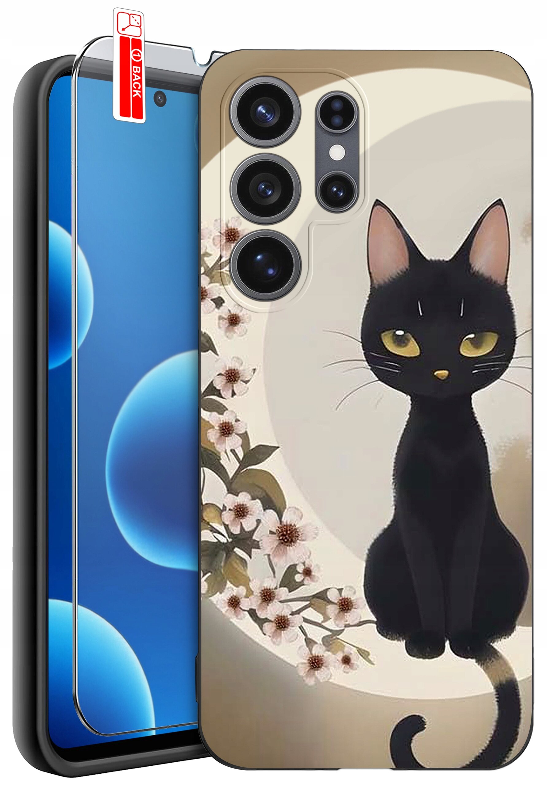 Etui na telefon z nadrukiem czarnego kota siedzącego na tle okręgu z kwiatami. Obok znajduje się szkło ochronne z napisem \'BACK\'.