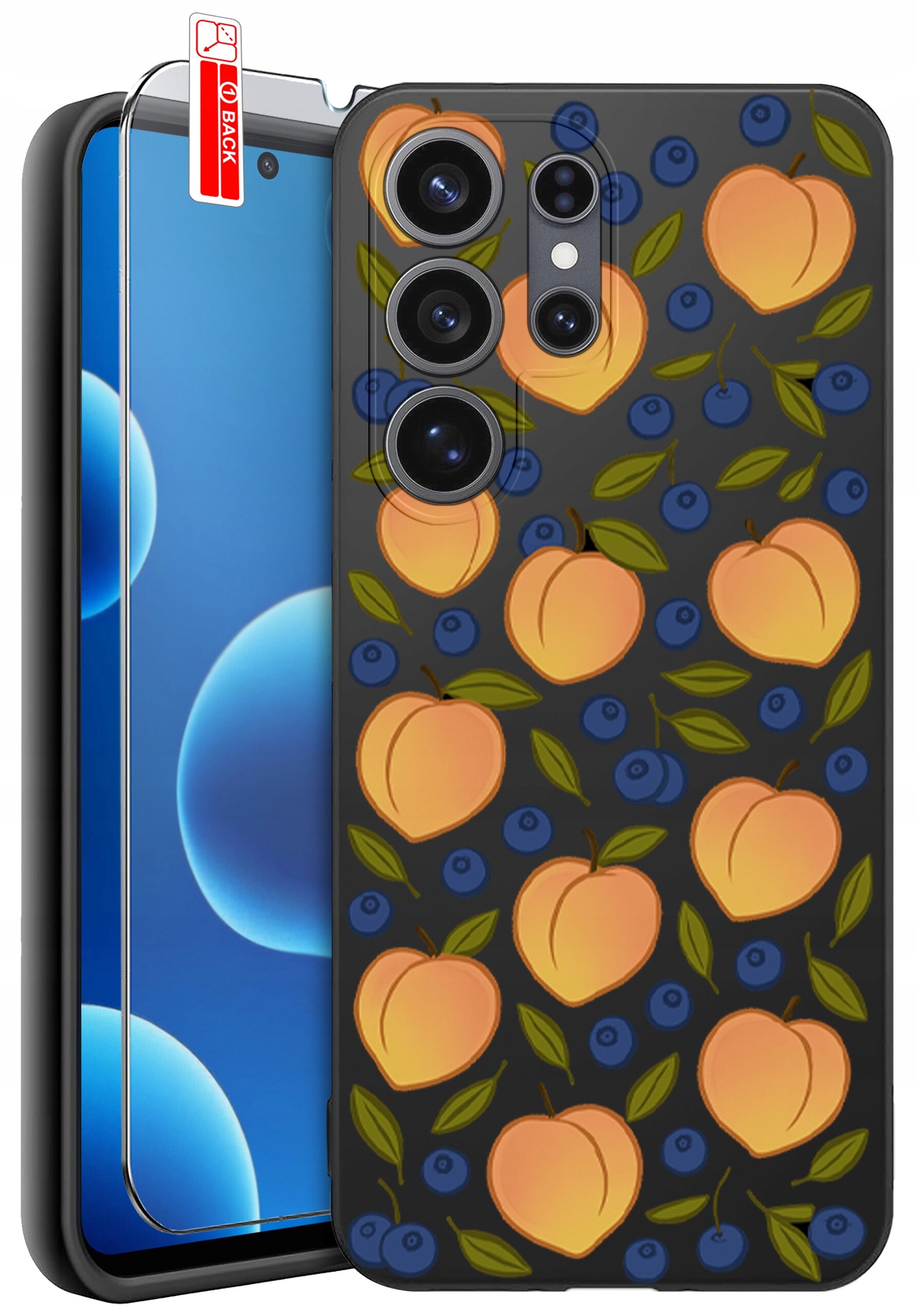 Etui na telefon z wzorem przedstawiającym brzoskwinie i jagody na ciemnym tle. Obok etui znajduje się szkło ochronne z oznaczeniem \'BACK\'.