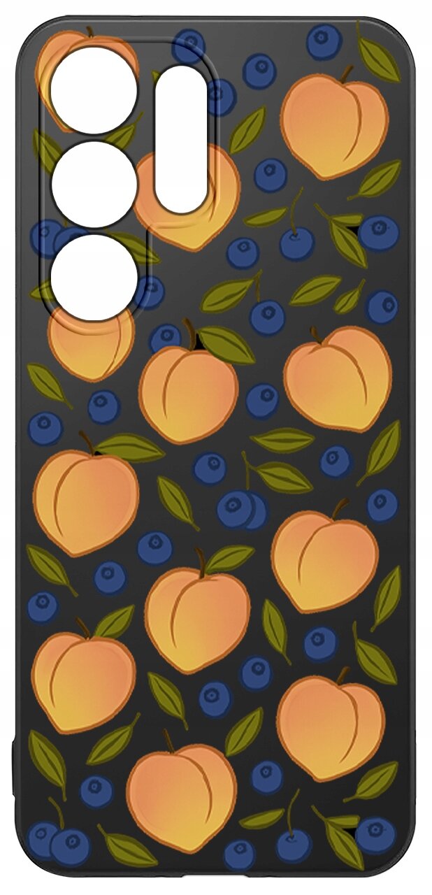 Etui na telefon z wzorem przedstawiającym brzoskwinie i jagody na ciemnym tle. Etui posiada wycięcia na aparat i przyciski.