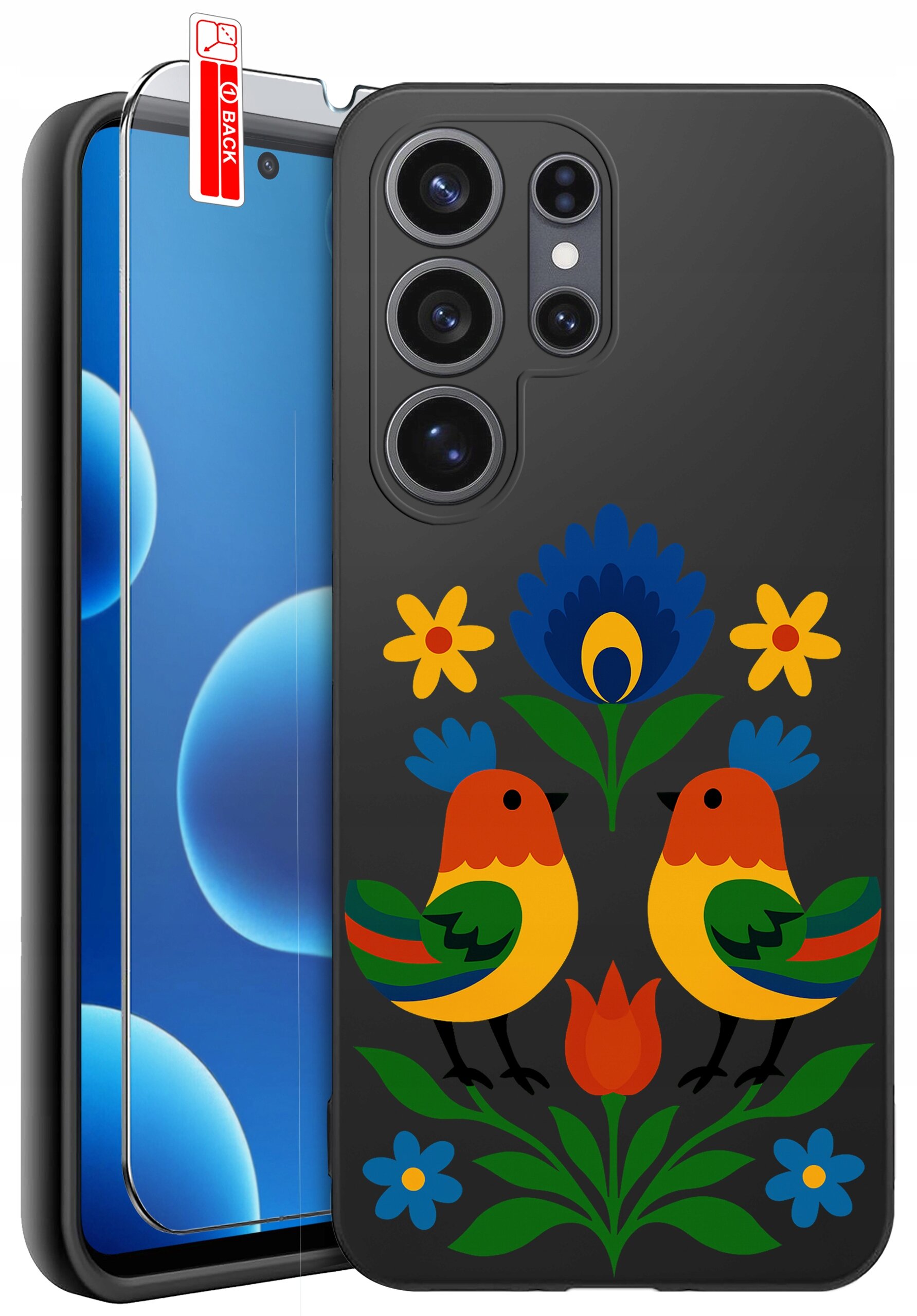 Czarne etui na telefon z kolorowym wzorem przedstawiającym dwa ptaki i kwiaty. Obok etui znajduje się szkło ochronne z oznaczeniem \'BACK\'.