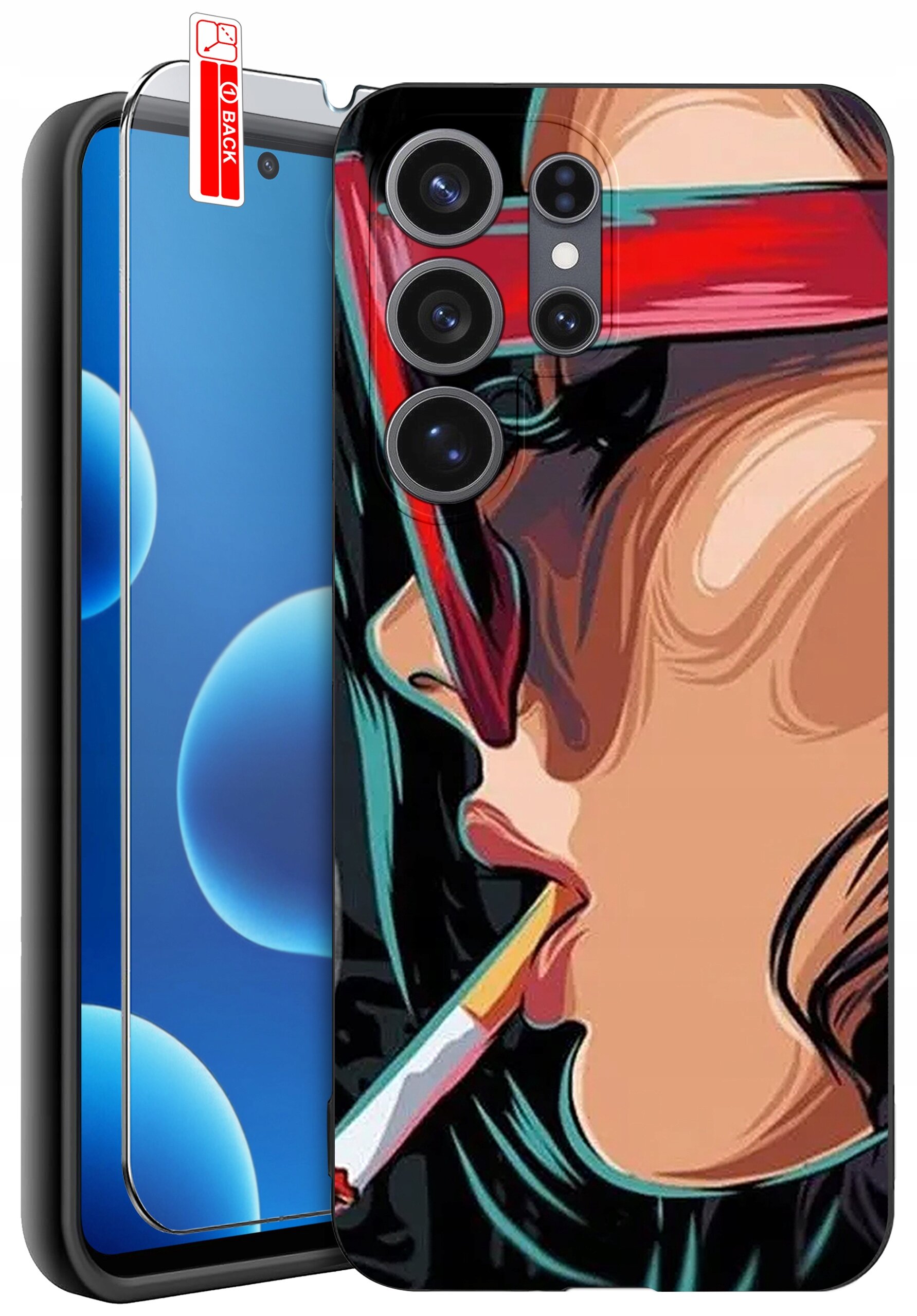 Etui na telefon z kolorowym wzorem przedstawiającym stylizowaną postać w okularach i z papierosem. Obok znajduje się szkło ochronne z etykietą \'BACK\'.