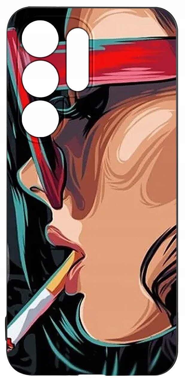 Etui na telefon z kolorowym wzorem przedstawiającym stylizowaną twarz osoby z papierosem. Wzór jest dynamiczny, z intensywnymi kolorami i wyrazistymi liniami.