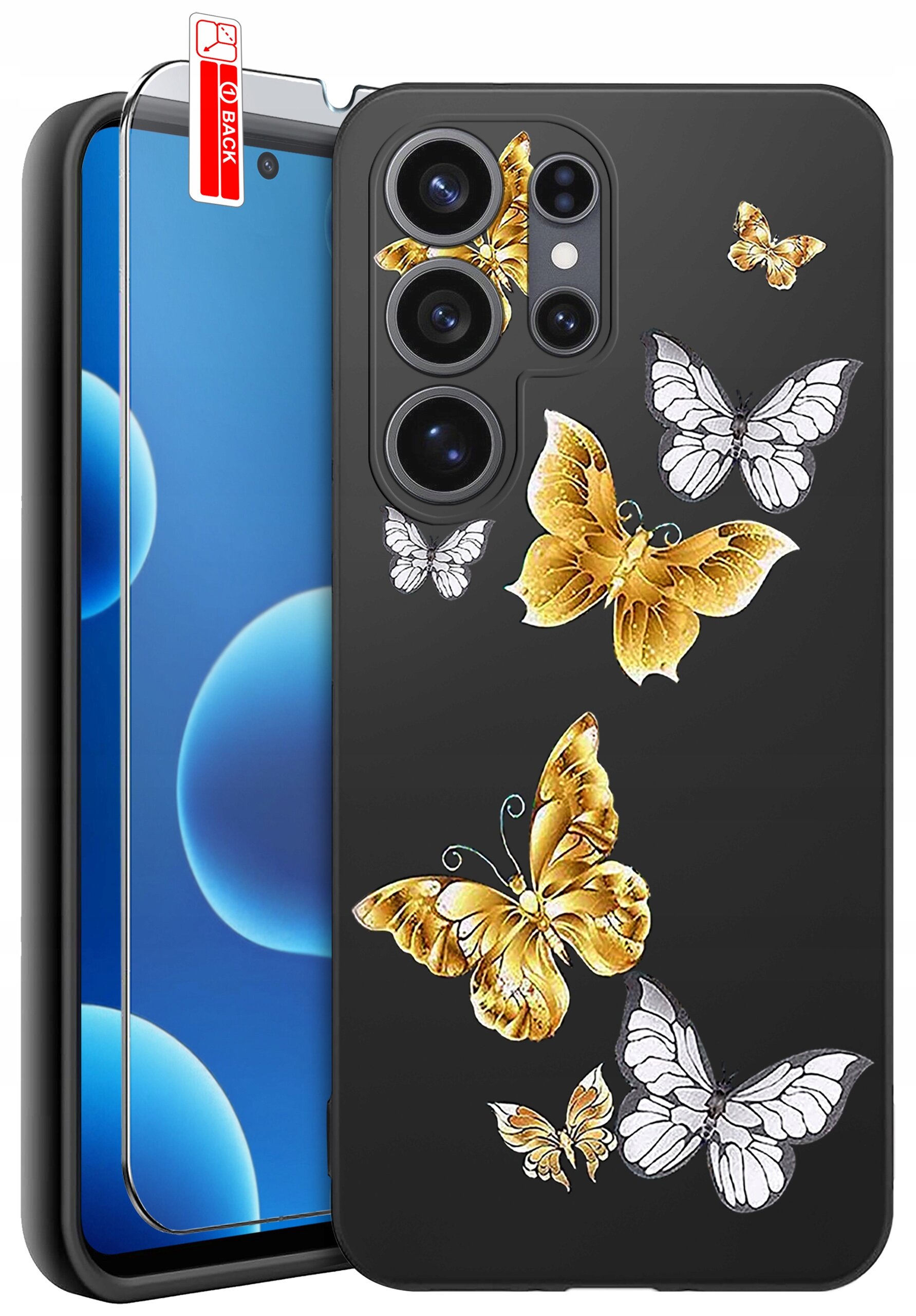 Czarne etui na telefon z wzorem kolorowych motyli, w zestawie z przezroczystym szkłem ochronnym oznaczonym etykietą \'BACK\'.