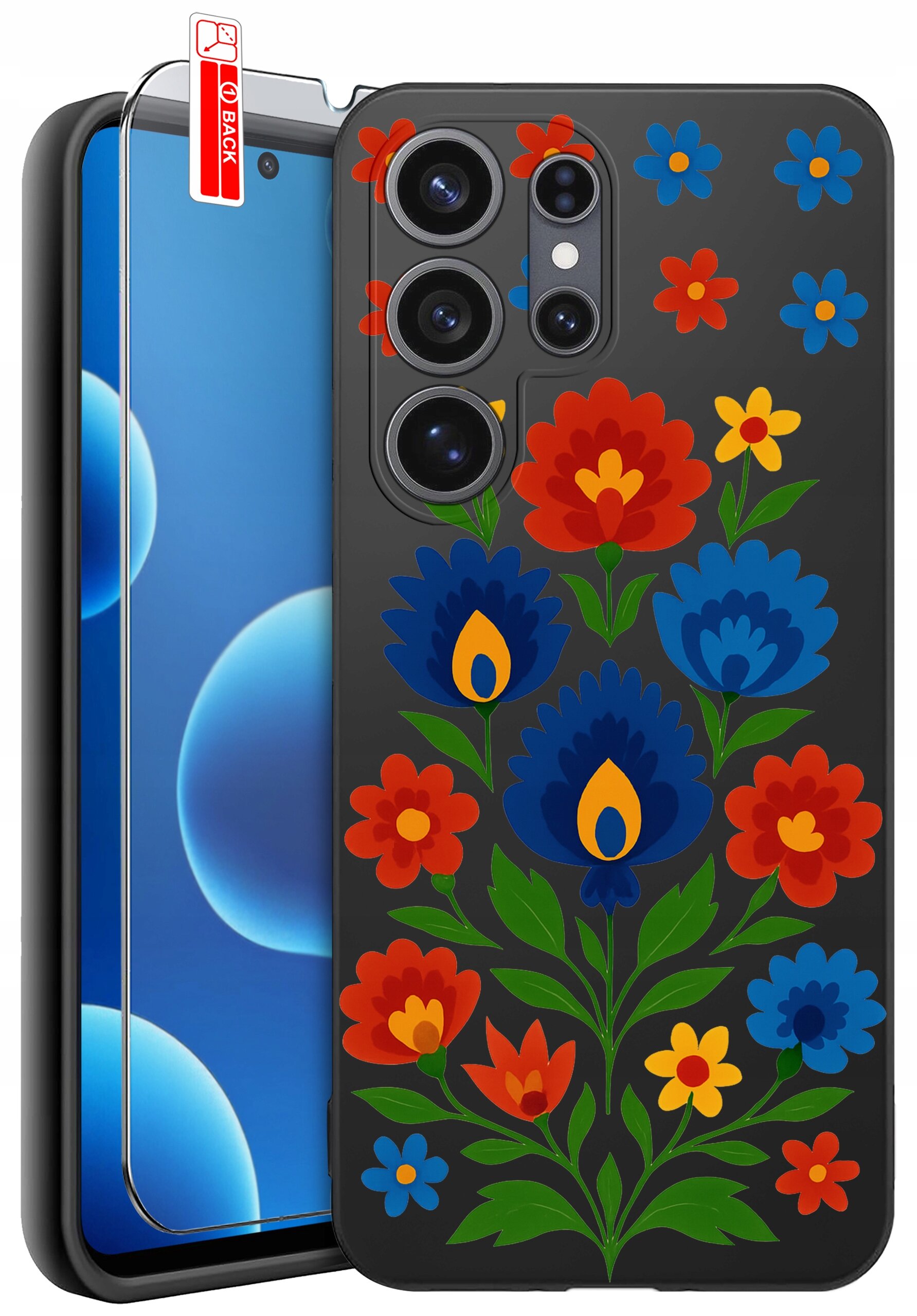 Etui na telefon z kolorowym, kwiatowym wzorem w odcieniach czerwieni, niebieskiego i żółtego. Obok etui znajduje się szkło ochronne z oznaczeniem \'BACK\'.