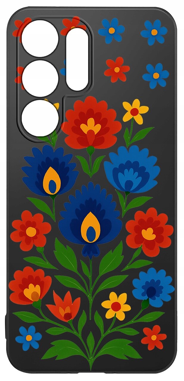 Etui na telefon z kolorowym wzorem kwiatowym na czarnym tle, z wycięciami na aparat i przyciski.