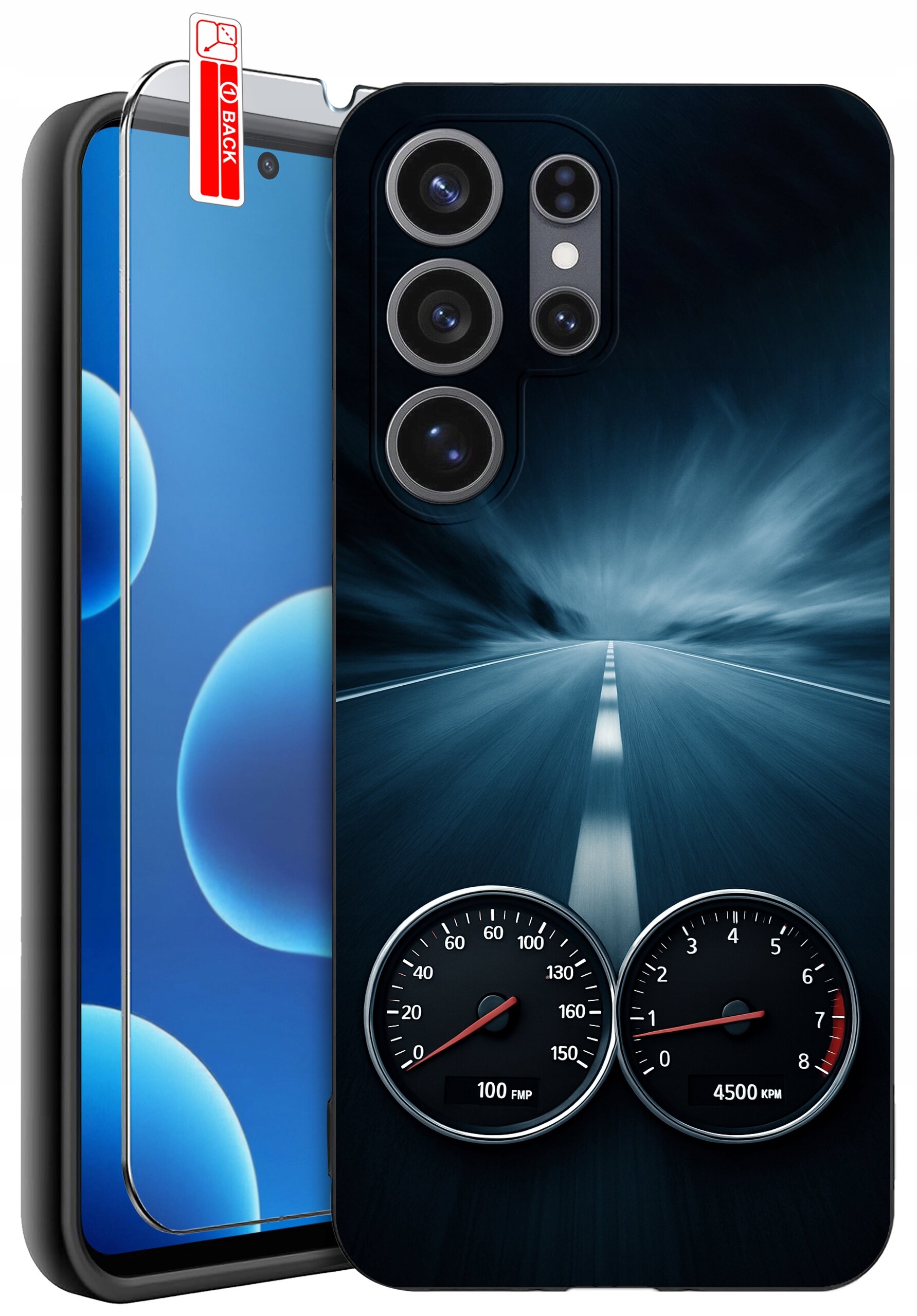 Etui na telefon z motywem drogi i prędkościomierzy, obok znajduje się szkło ochronne z napisem \'BACK\'.