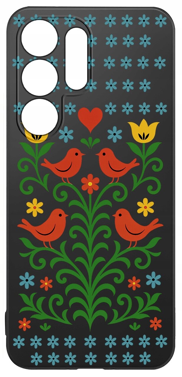 Etui na telefon z czarnym tłem ozdobione kolorowym wzorem ludowym z czerwonymi ptakami, kwiatami i zielonymi liśćmi. W górnej części znajdują się wycięcia na aparat.