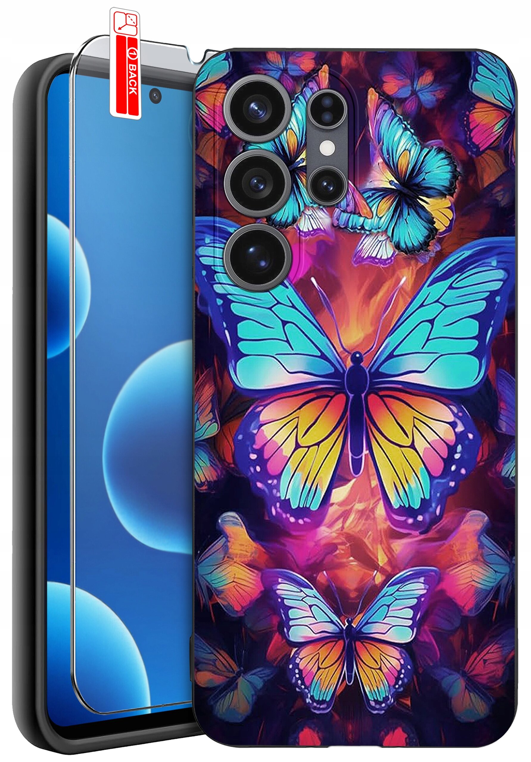 Etui na telefon z kolorowym wzorem motyli na tle w odcieniach fioletu i pomarańczu. Obok etui znajduje się szkło ochronne z napisem \'BACK\'.