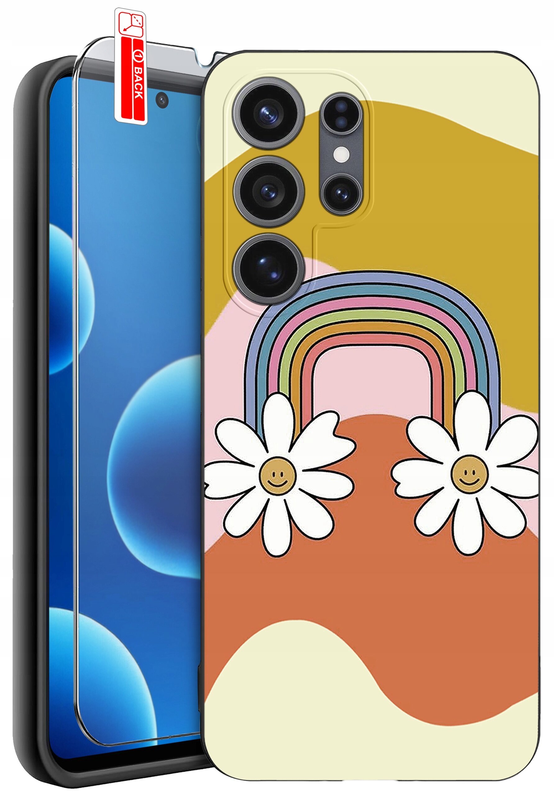 Etui na telefon z kolorowym wzorem tęczy i dwoma kwiatami z uśmiechniętymi buźkami. Obok znajduje się szkło ochronne z oznaczeniem \'BACK\'.