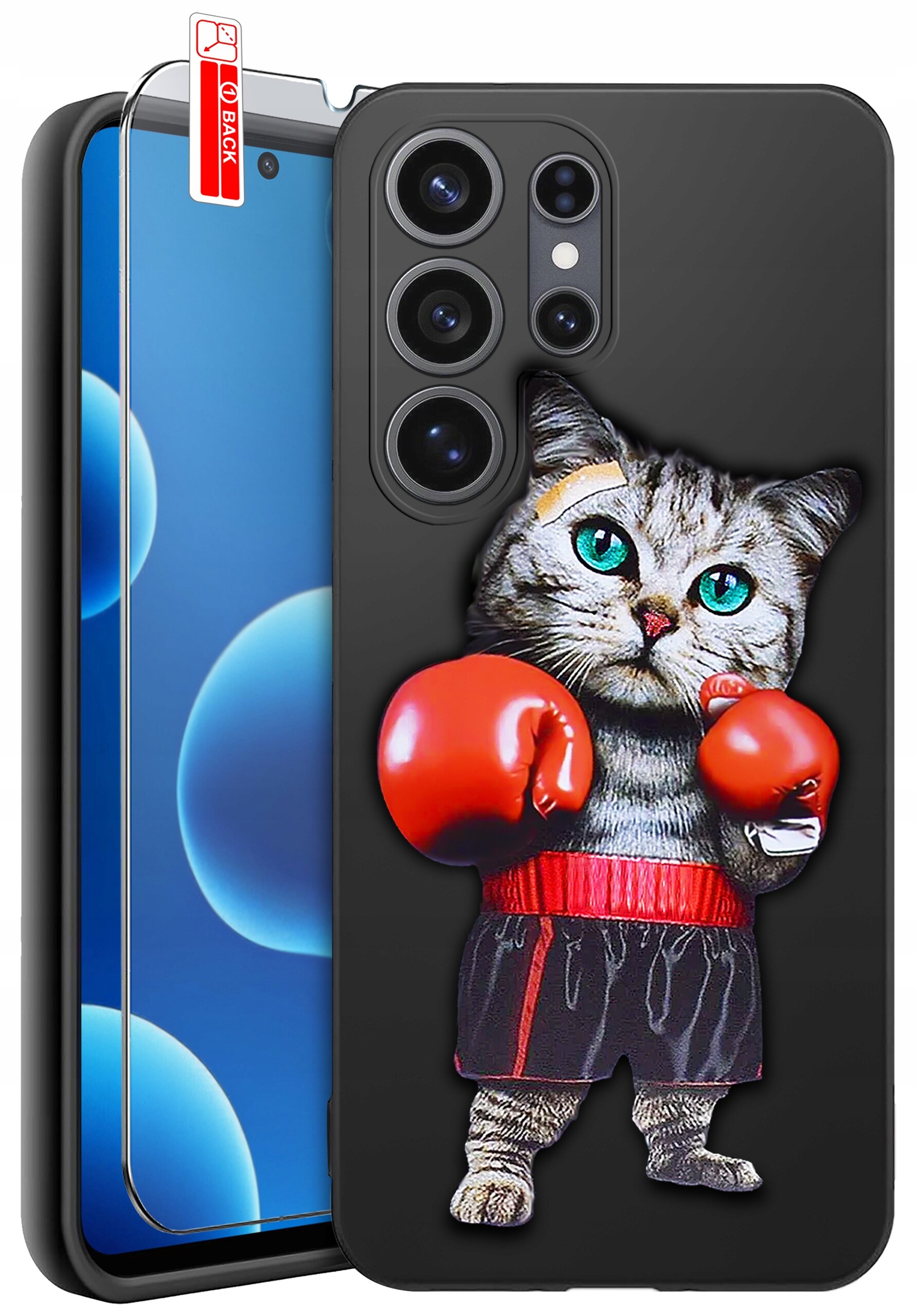 Etui na telefon z nadrukiem kota w rękawicach bokserskich, obok widoczne szkło ochronne z napisem \'BACK\'.