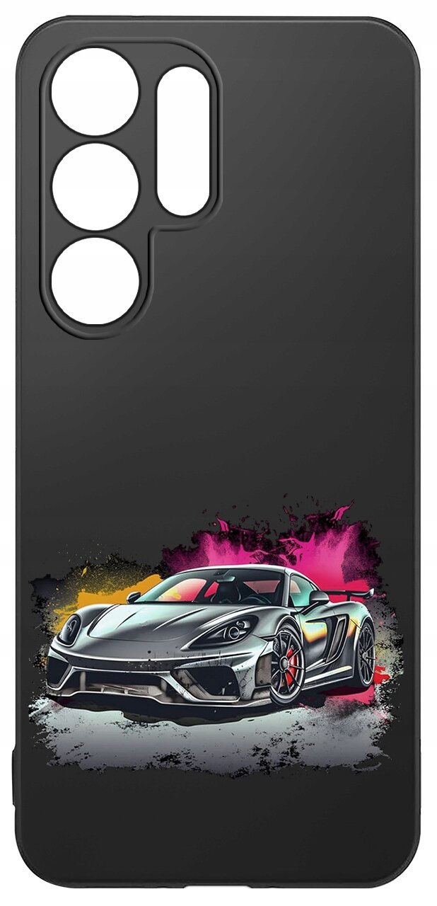 Czarne etui na telefon z grafiką sportowego samochodu na tle kolorowych plam w odcieniach różu i żółci. Etui ma wycięcia na aparat i przyciski.