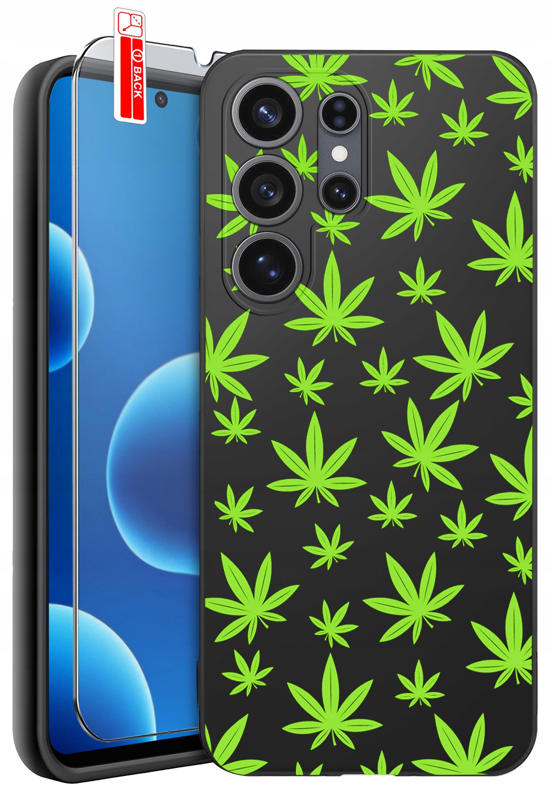 Etui na telefon z czarnym tłem i zielonym wzorem liści. Obok znajduje się szkło ochronne z napisem \'BACK\'.
