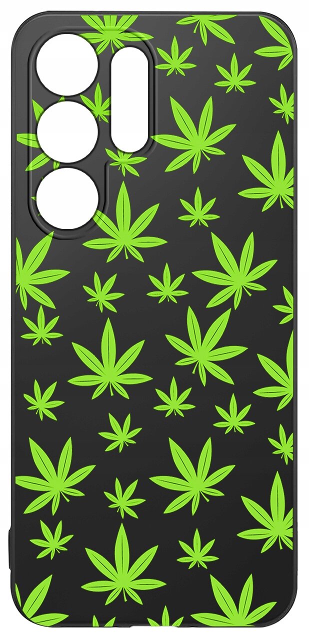 Czarne etui na telefon z zielonym wzorem liści. Etui ma wycięcia na aparat i przyciski.