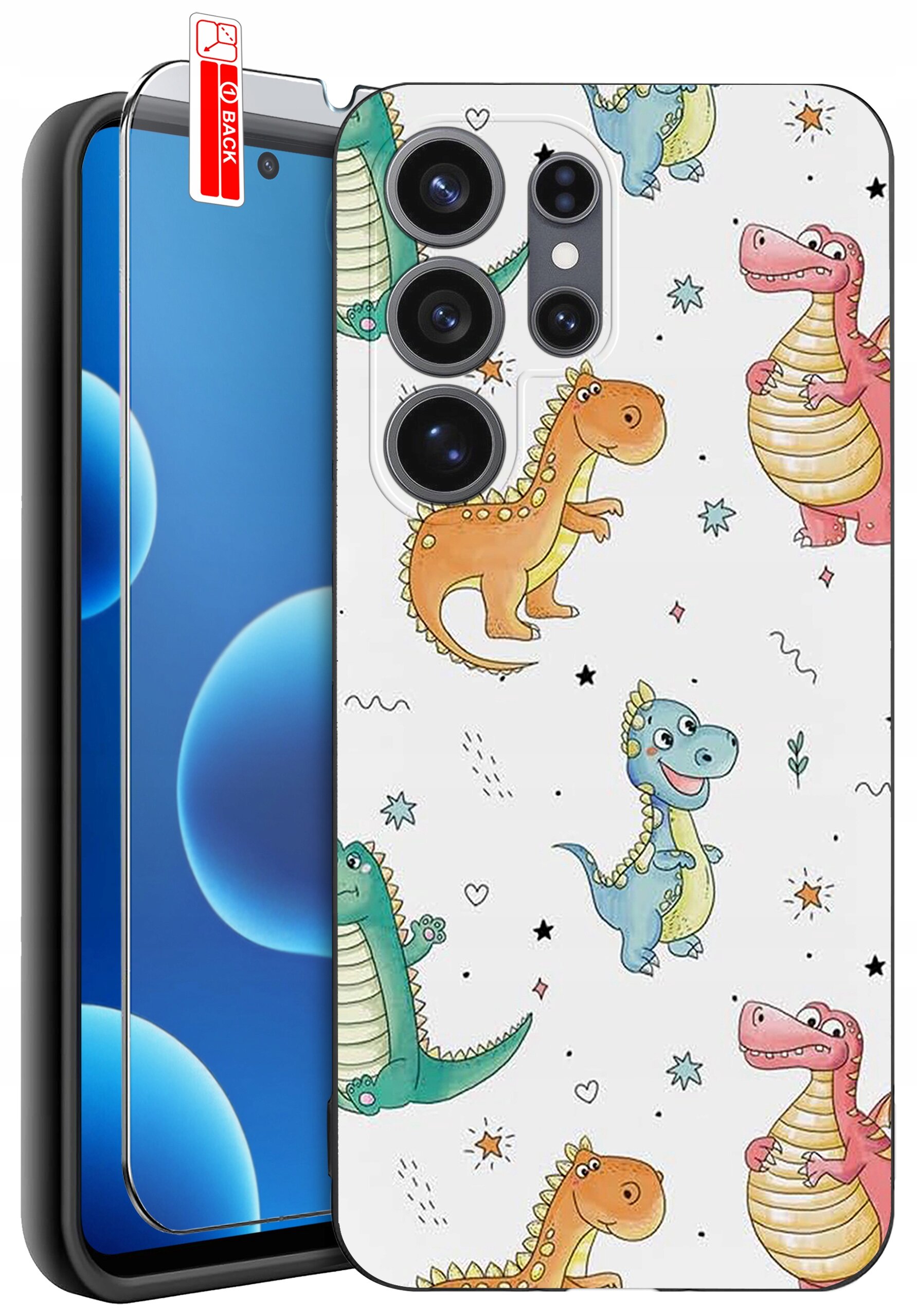 Etui na telefon z kolorowymi wzorami dinozaurów, obok którego znajduje się szkło ochronne z oznaczeniem \'BACK\'.
