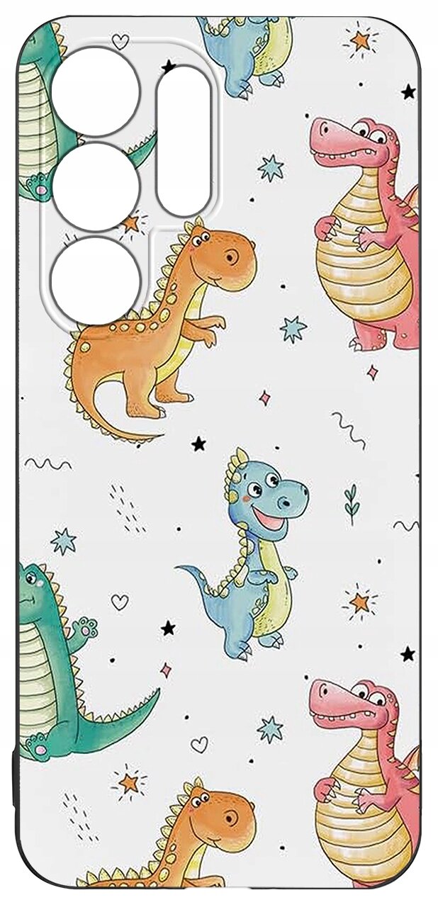 Etui na telefon z kolorowymi wzorami dinozaurów na białym tle, w tym zielonym, pomarańczowym, niebieskim i różowym. Wzór uzupełniają małe gwiazdki, serduszka i zygzaki.