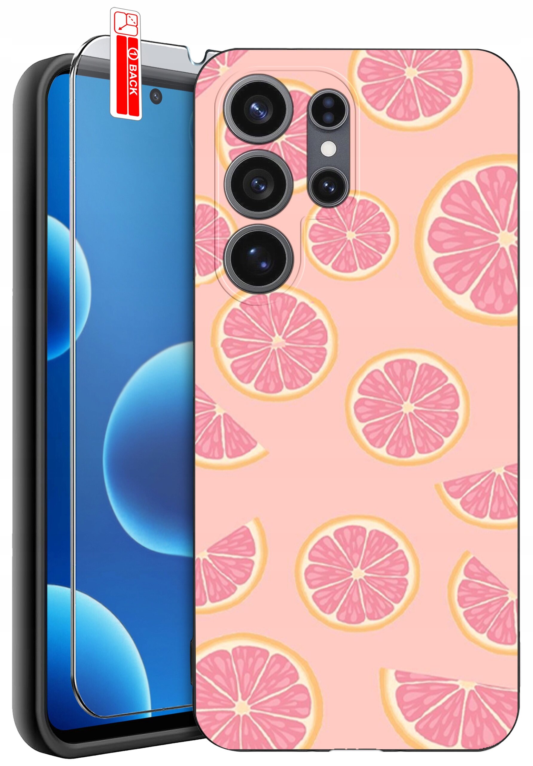 Obraz przedstawia telefon z nałożonym etui o wzorze różowych plasterków cytrusów na jasnym tle. Na ekranie telefonu znajduje się przezroczysta osłona z napisem \'BACK\'.