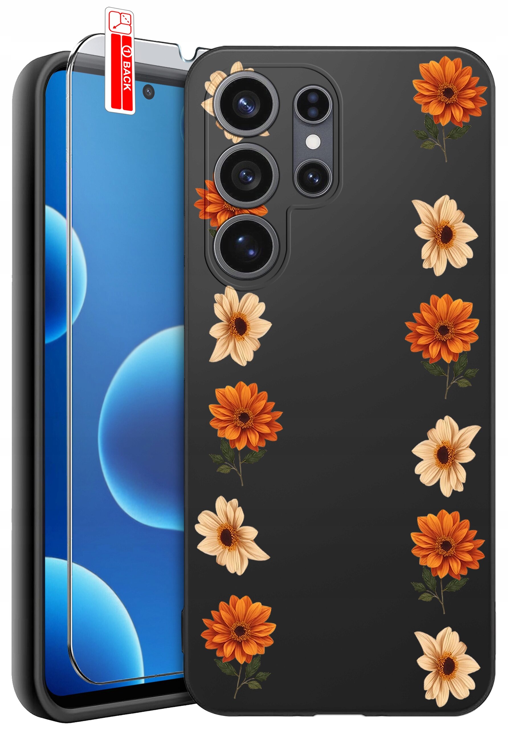 Obraz przedstawia czarne etui na telefon z wzorem pomarańczowych i kremowych kwiatów. Obok etui znajduje się szkło ochronne z napisem \'BACK\'.