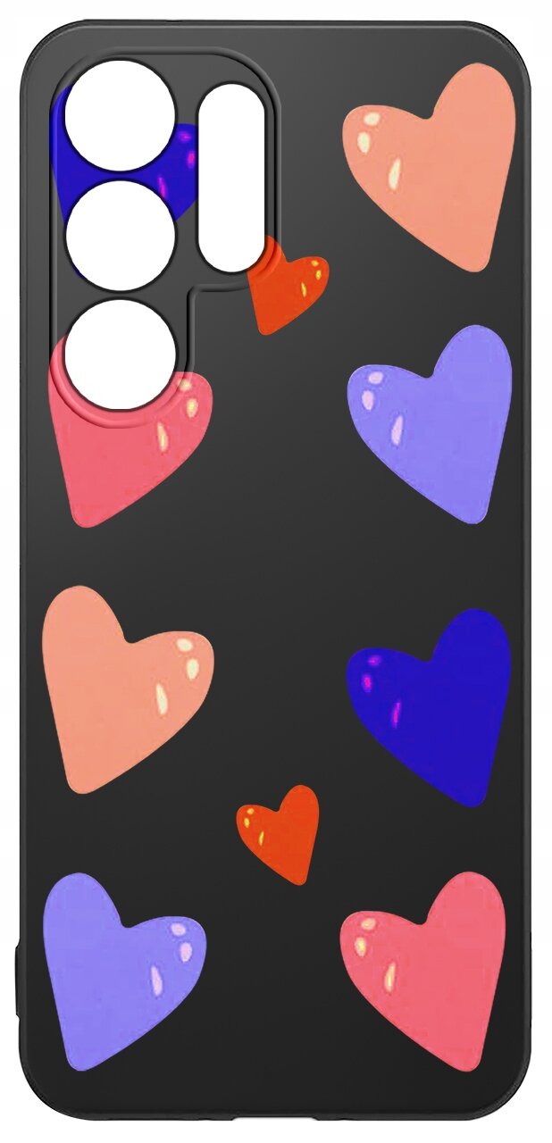 Czarne etui na telefon z kolorowymi sercami w odcieniach różu, fioletu i czerwieni. Etui ma wycięcia na aparat i przyciski.