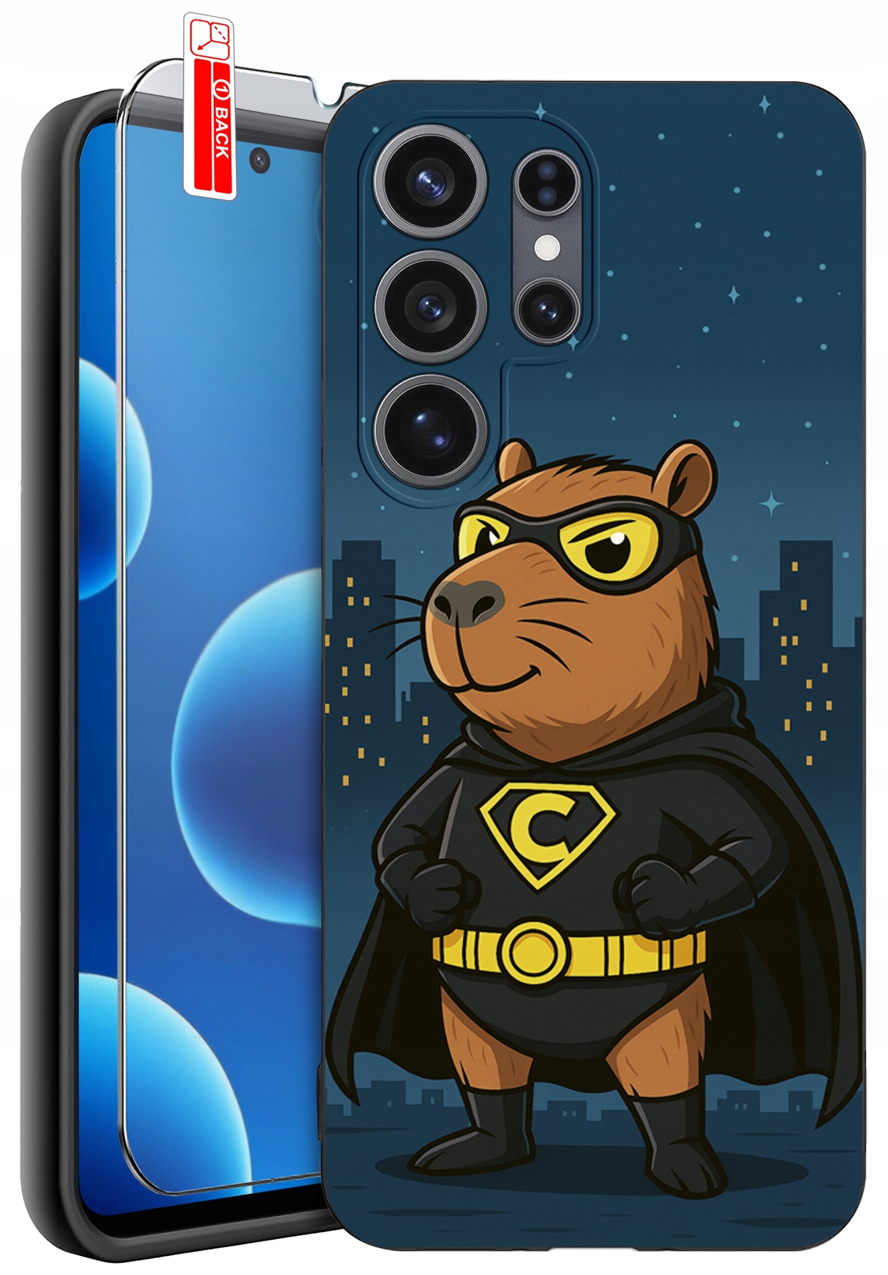 Etui na telefon z nadrukiem superbohatera w postaci zwierzęcia w pelerynie i masce, na tle nocnego miasta. Obok znajduje się szkło ochronne z oznaczeniem \'BACK\'.
