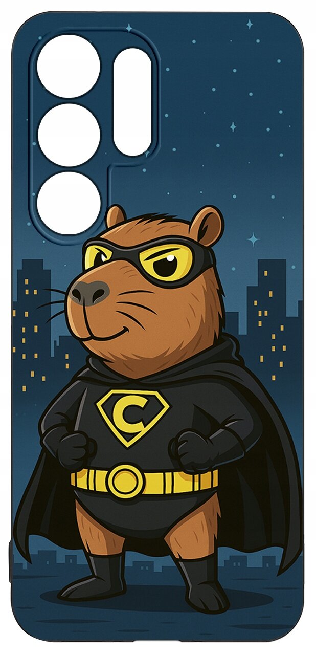 Etui na telefon z nadrukiem kapibary w stroju superbohatera na tle nocnego miasta. Kapibara nosi czarną pelerynę, maskę i pas, a na piersi ma literę \'C\'.