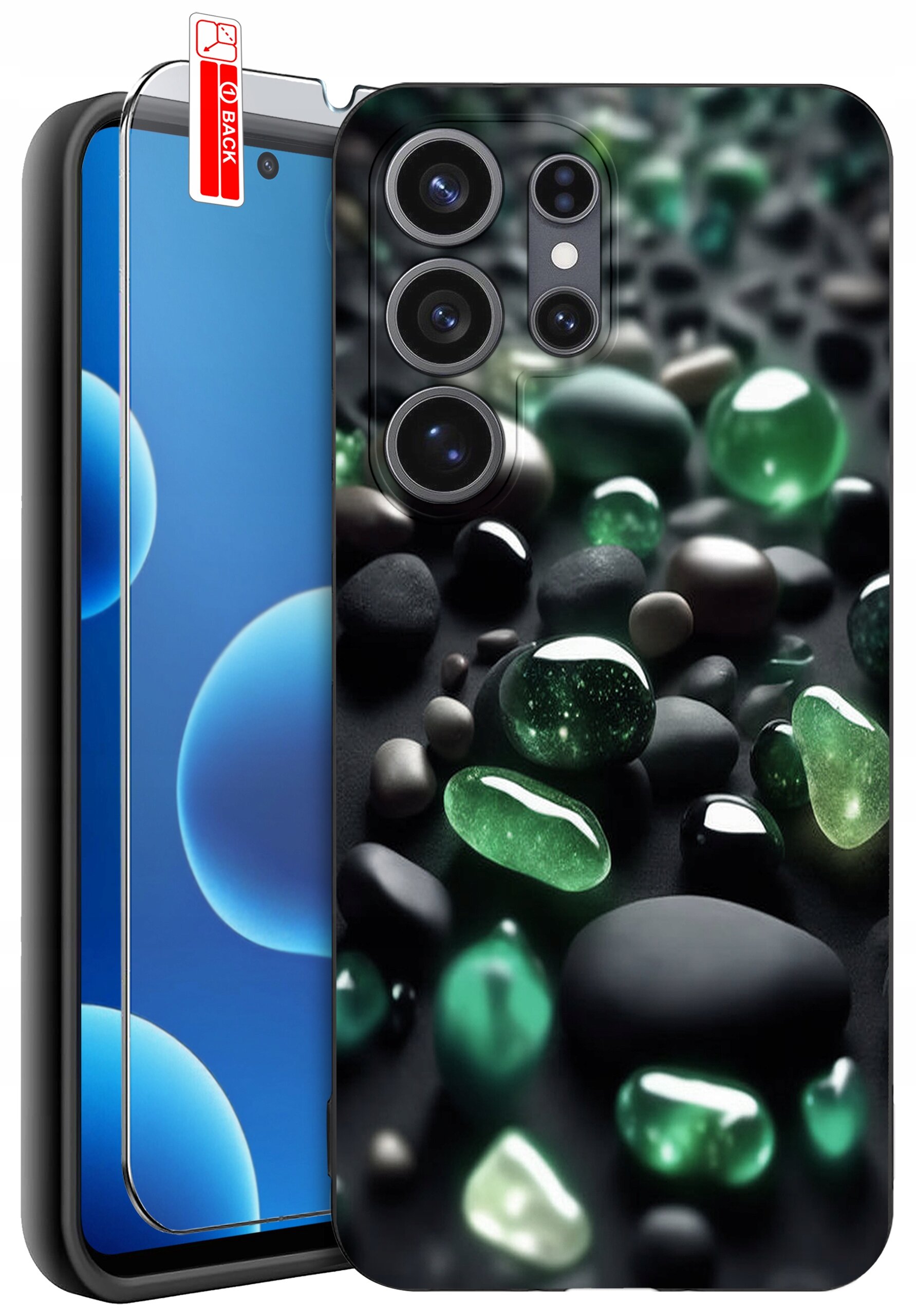 Obraz przedstawia telefon z nałożonym szkłem ochronnym oraz etui z wzorem zielonych i czarnych kamieni. Na szkle widoczna jest czerwona naklejka z napisem \'BACK\'.