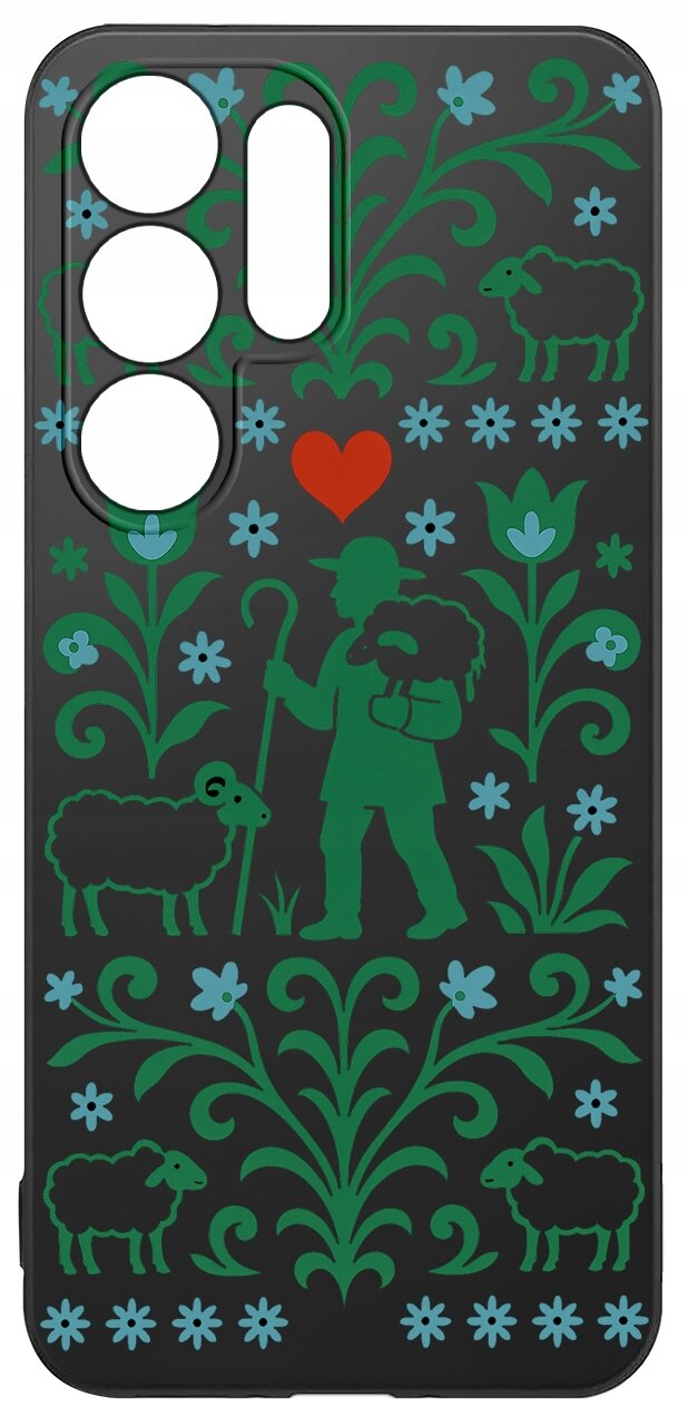 Etui na telefon z czarnym tłem, ozdobione zielonymi wzorami roślinnymi oraz sylwetką pasterza z owcami i czerwonym sercem. Wzory kwiatowe w kolorze niebieskim i zielonym uzupełniają kompozycję.