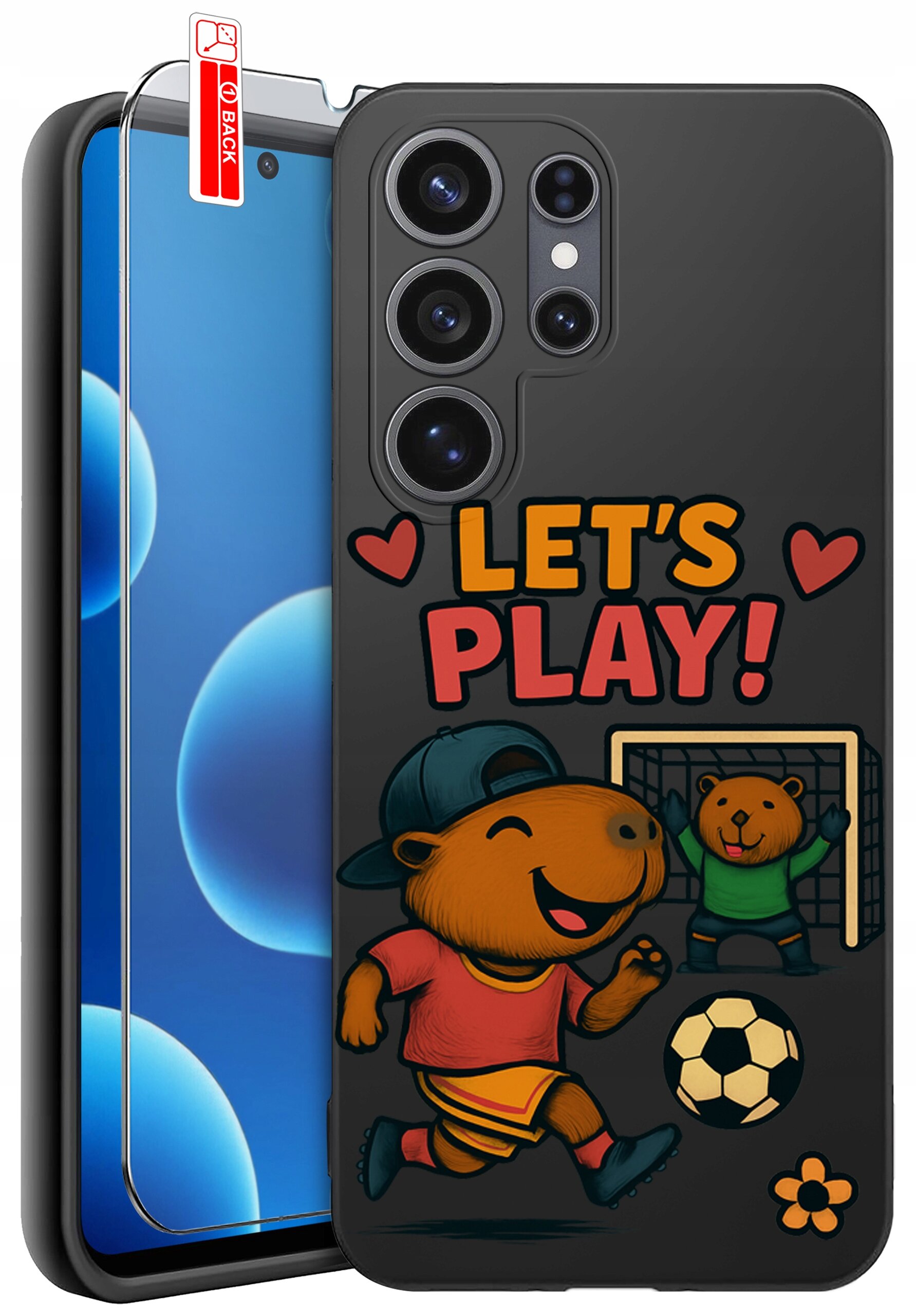Etui na telefon z kolorowym nadrukiem przedstawiającym zwierzęta grające w piłkę nożną oraz napis \'LET\'S PLAY!\'. Obok etui znajduje się szkło ochronne z oznaczeniem \'BACK\'.