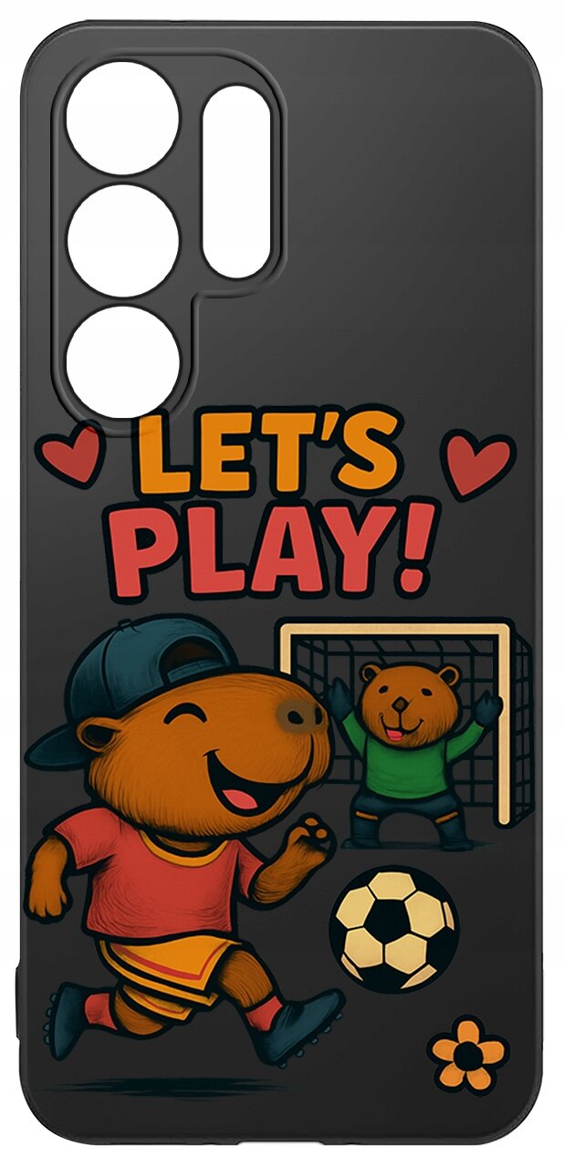 Etui na telefon z grafiką przedstawiającą dwie kapibary grające w piłkę nożną, z napisem \'LET\'S PLAY!\' oraz serduszkami. Tło jest ciemne, a postacie są kolorowe i uśmiechnięte.