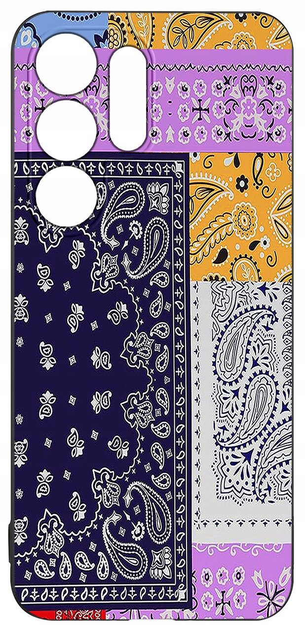 Etui na telefon z kolorowym wzorem paisley w odcieniach fioletu, pomarańczu i granatu. Wzór składa się z różnych sekcji z motywami kwiatowymi i geometrycznymi.