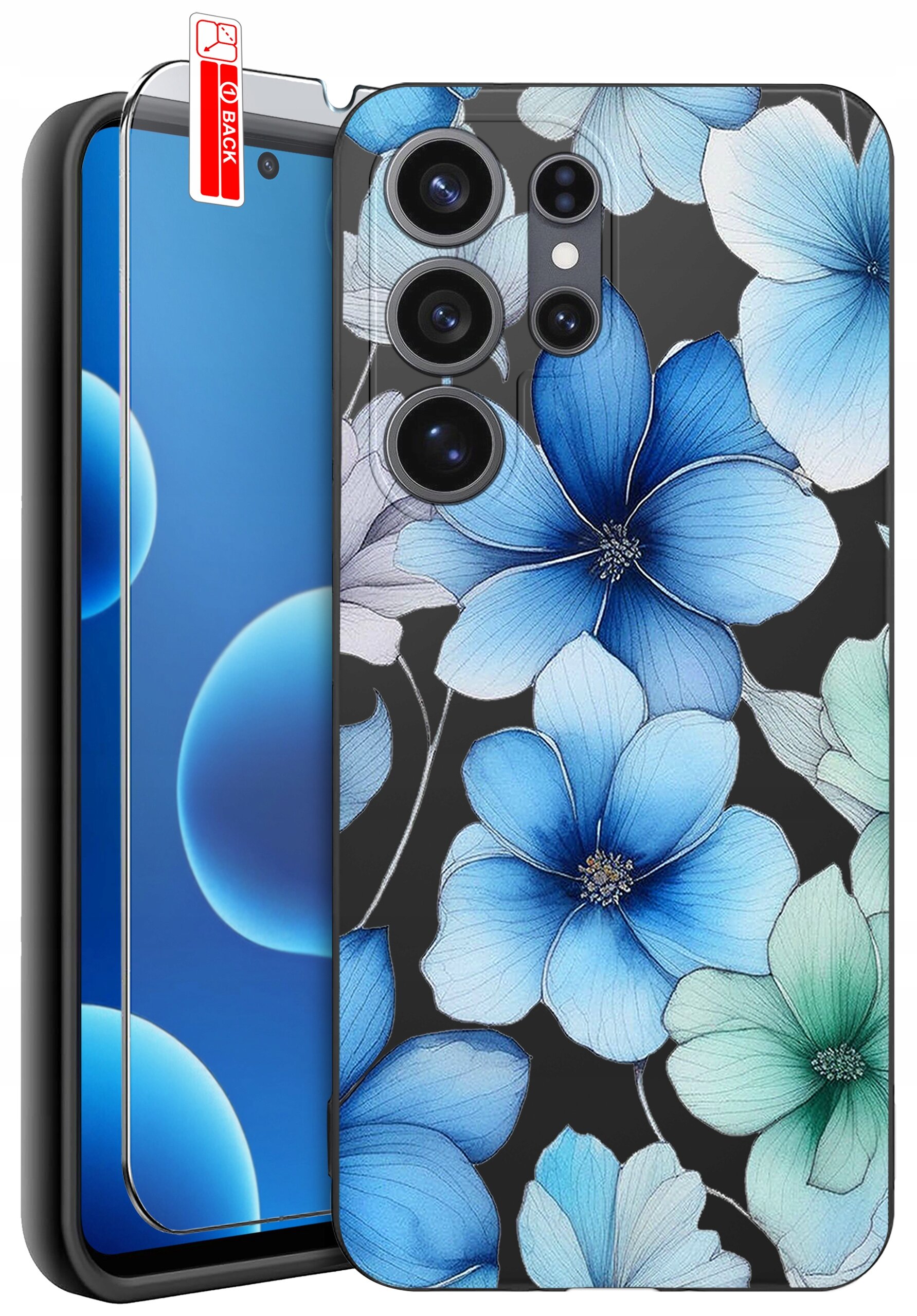 Obraz przedstawia etui na telefon z wzorem niebieskich i zielonych kwiatów na czarnym tle oraz szkło ochronne z napisem \'BACK\'.
